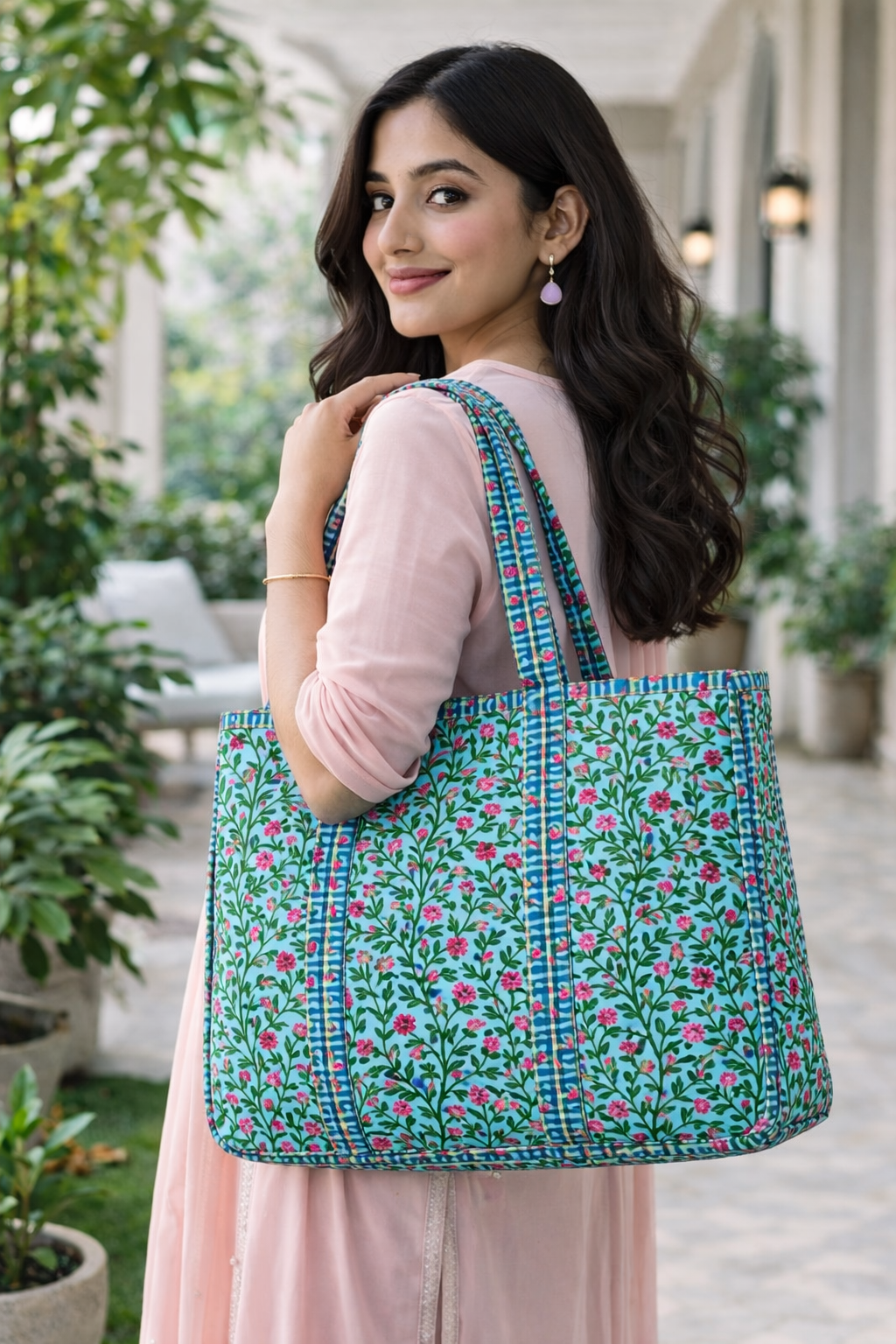 Quilted Turquoise Floral Printed Tote Bag | Without Zipper