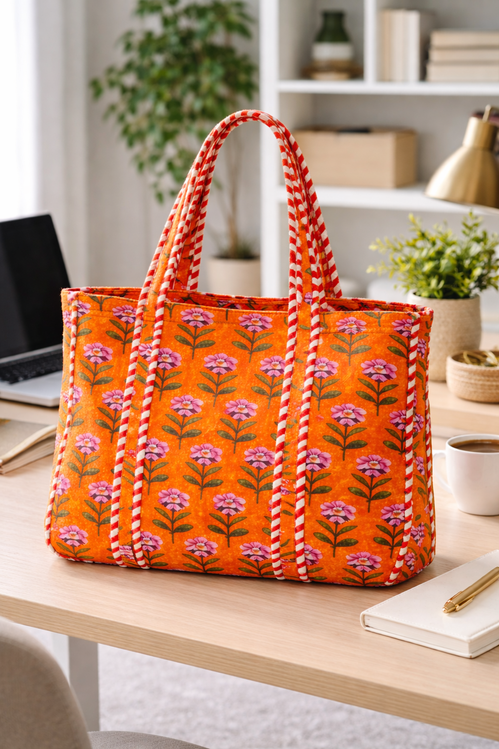 Quilted Orange Floral Tote Bag | With Zipper