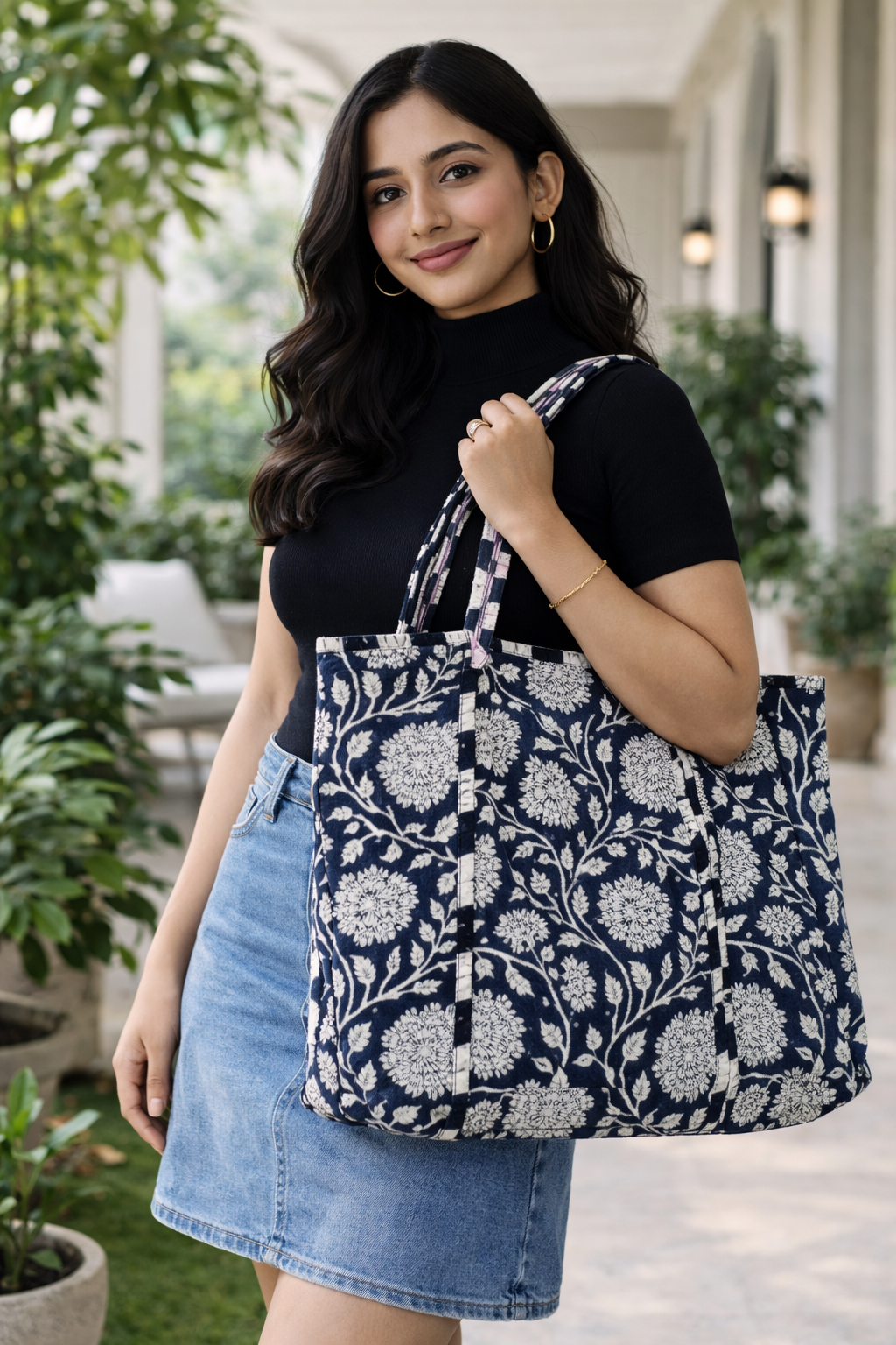Quilted Monotone Floral Print Tote Bag | With Zipper
