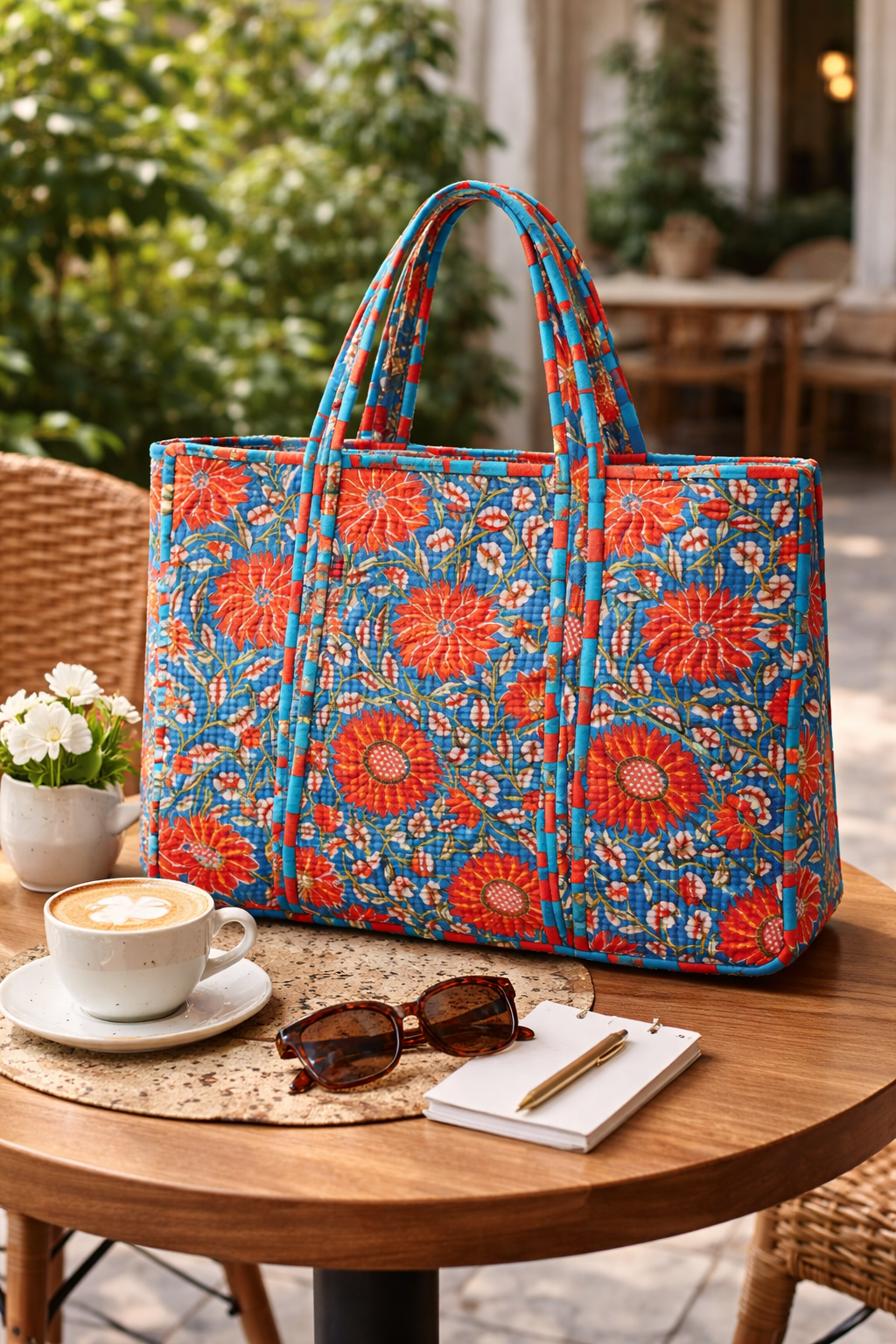 Blue & Orange Bold Floral Pattern Tote Bag | Without Zipper