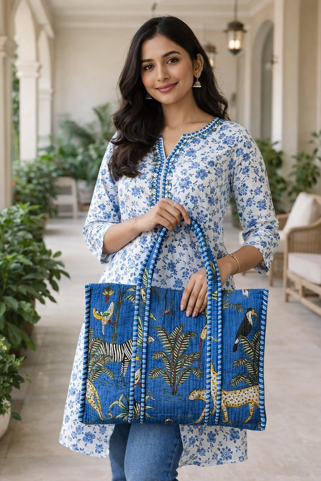 Blue Animal Motif Printed Tote Bag | With Zipper