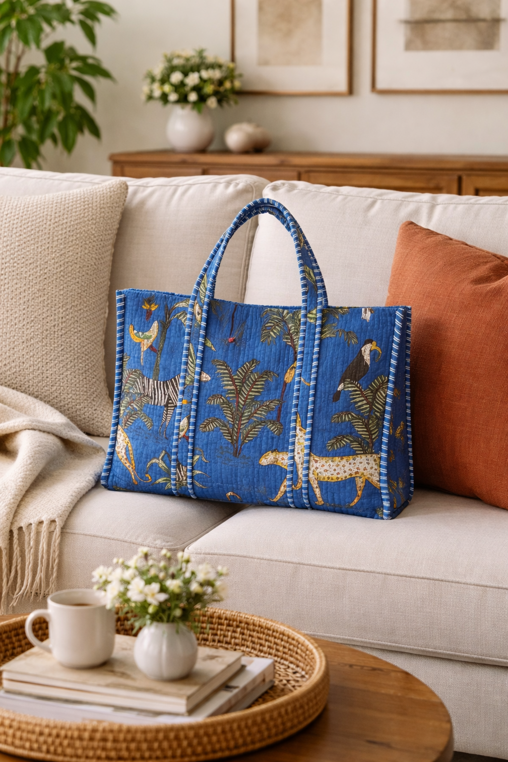 Blue Animal Motif Printed Tote Bag | With Zipper