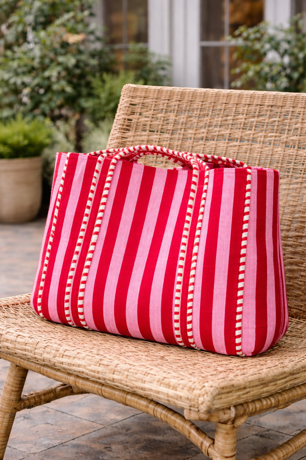 Quilted Red and Pink Striped Tote Bag | With Zipper