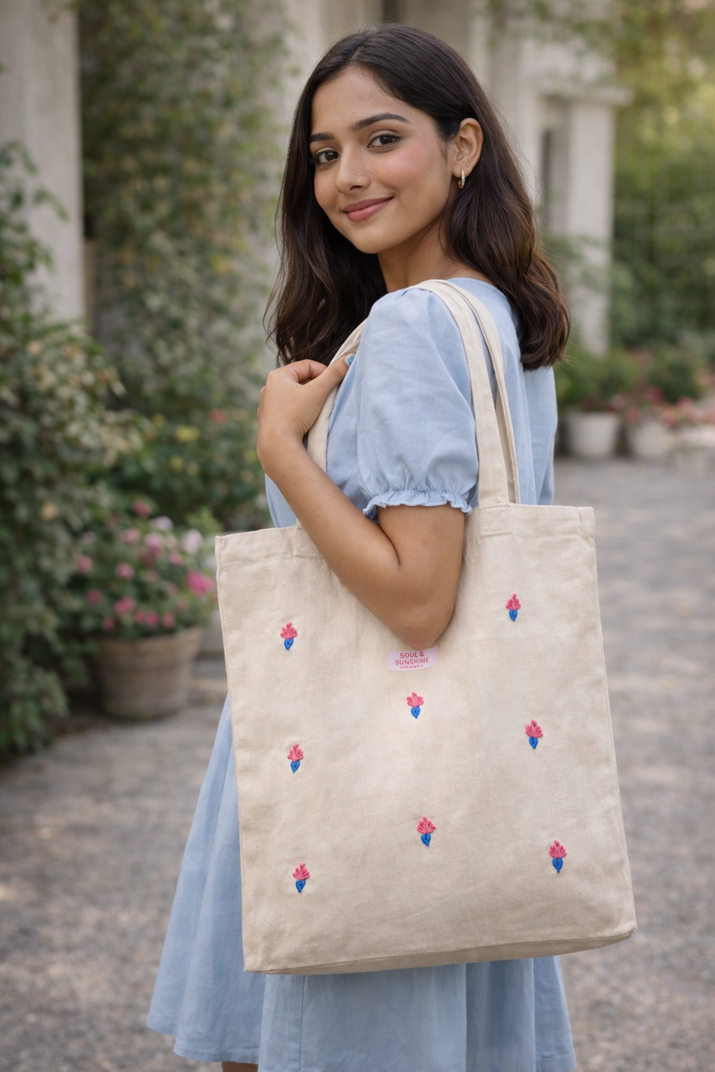 Pink & Blue Floral Embroidered Canvas Tote Bag