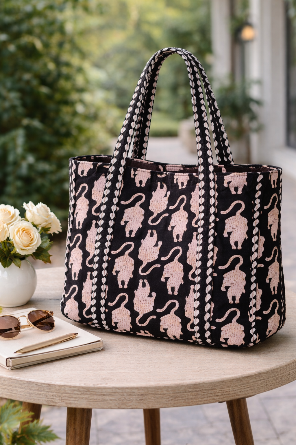 Quilted Tiger Print Tote Bag | With Zipper