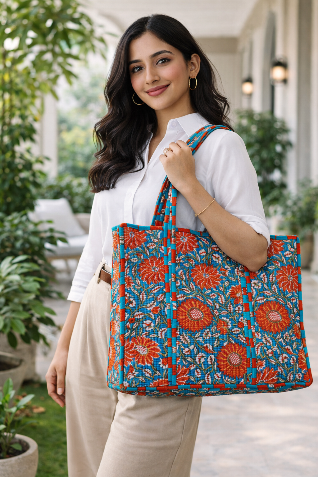 Blue & Orange Bold Floral Pattern Tote Bag | Without Zipper