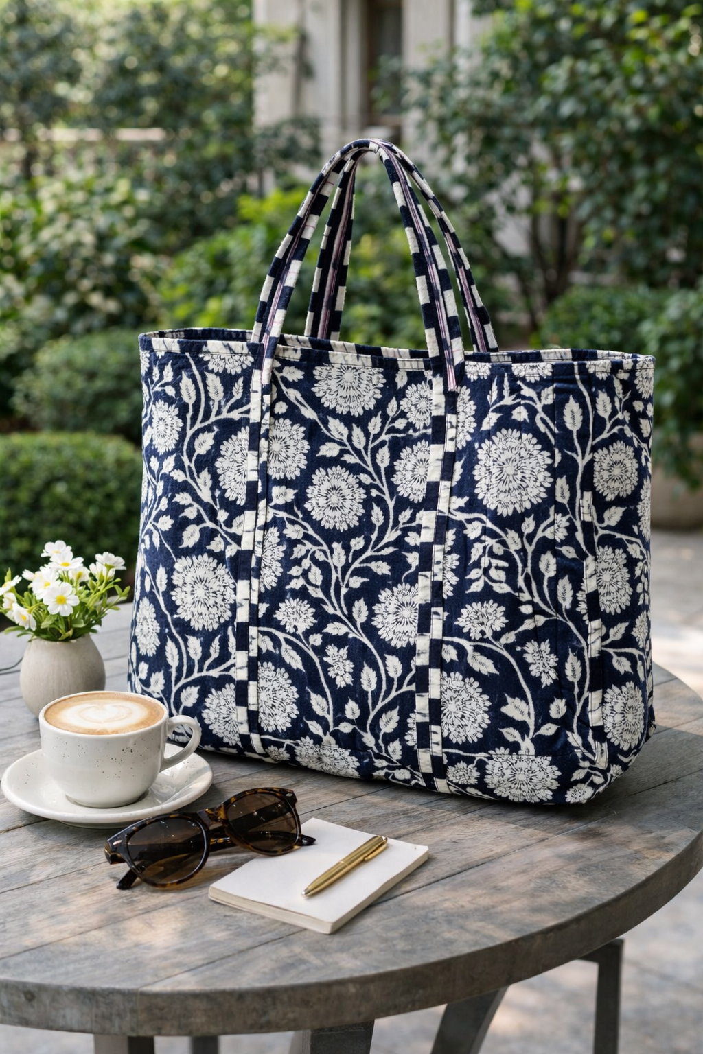 Quilted Monotone Floral Print Tote Bag | With Zipper