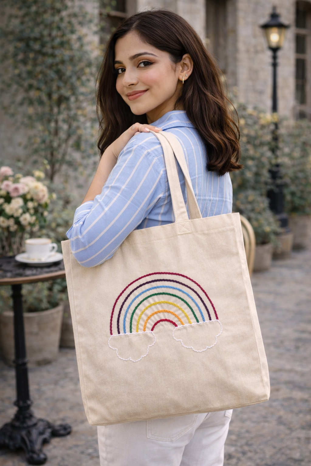Rainbow Embroidered Canvas Tote Bag