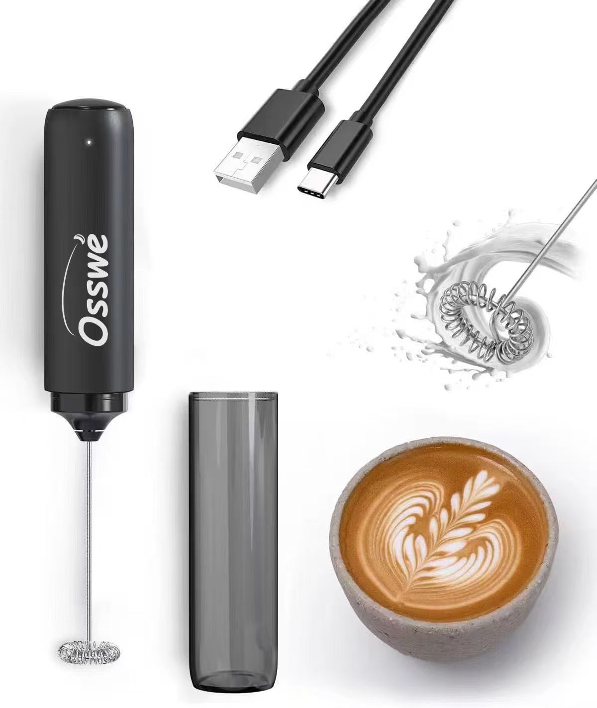 Osswe premium Milk Frother Handheld, Electric Frothers, Coffee Frother blender stirrer Mini Whisk, Foam Maker, Drink Mixer for Coffee, Milk, Lattes, Cappuccino Cream Matcha whisks(Black, Rechargeable)