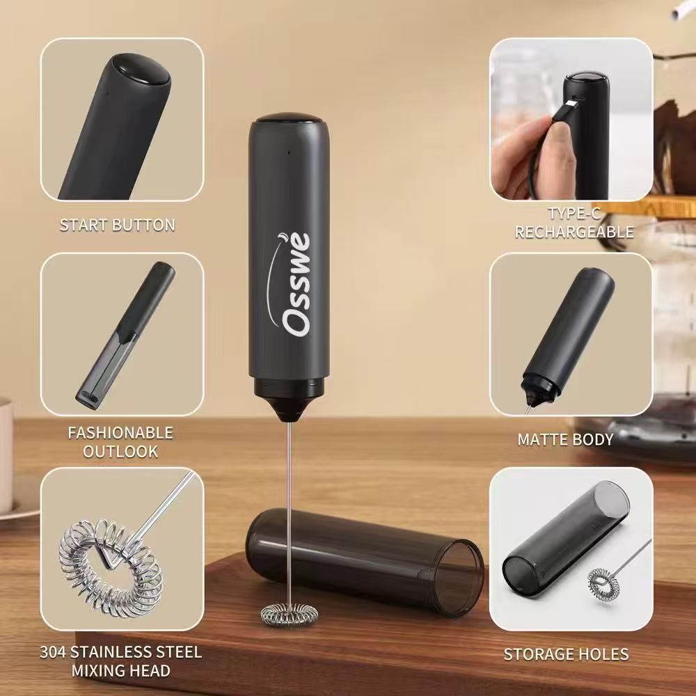 Osswe premium Milk Frother Handheld, Electric Frothers, Coffee Frother blender stirrer Mini Whisk, Foam Maker, Drink Mixer for Coffee, Milk, Lattes, Cappuccino Cream Matcha whisks(Black, Rechargeable)