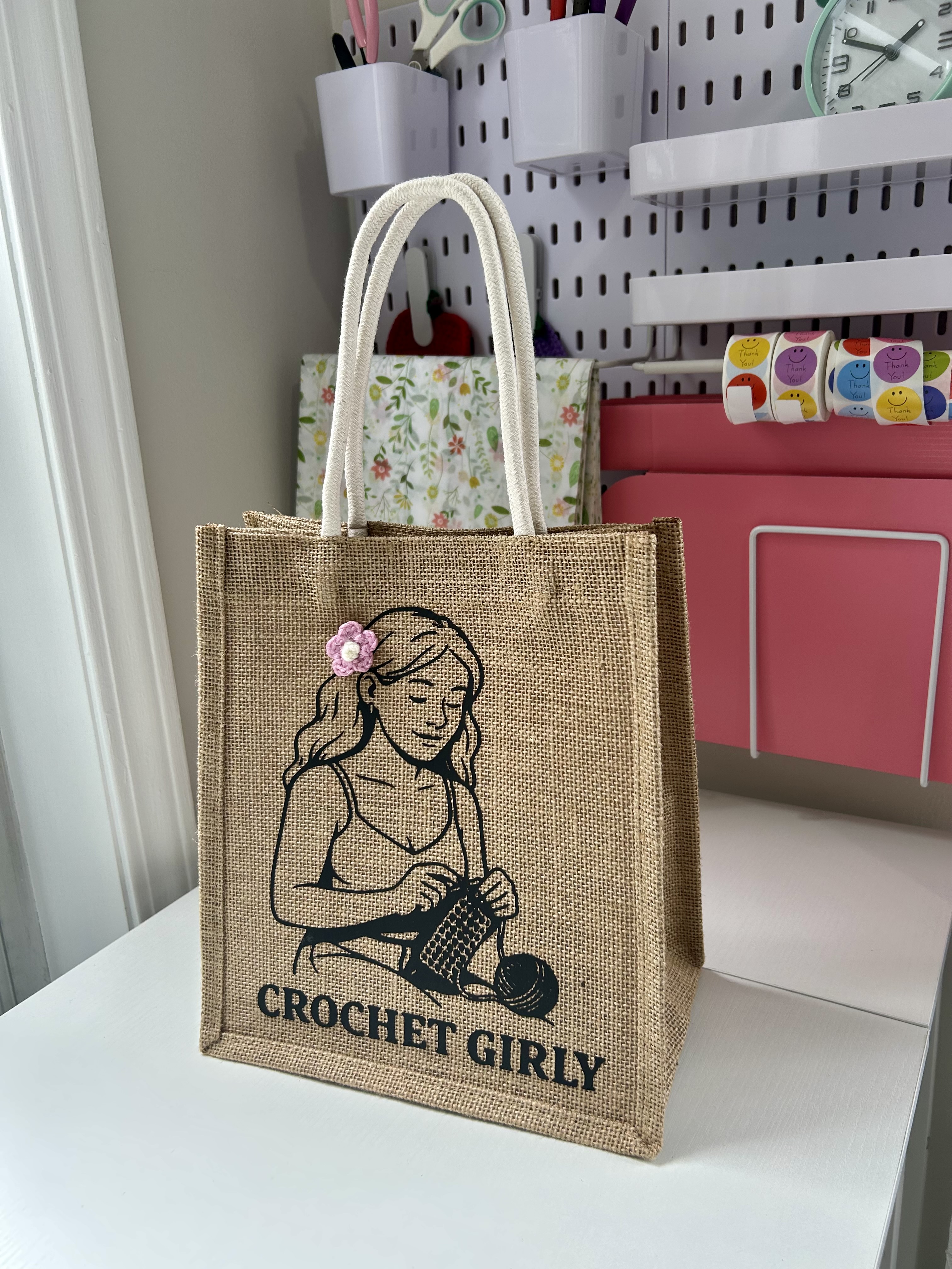 Crochet Girly Jute Tote Bag