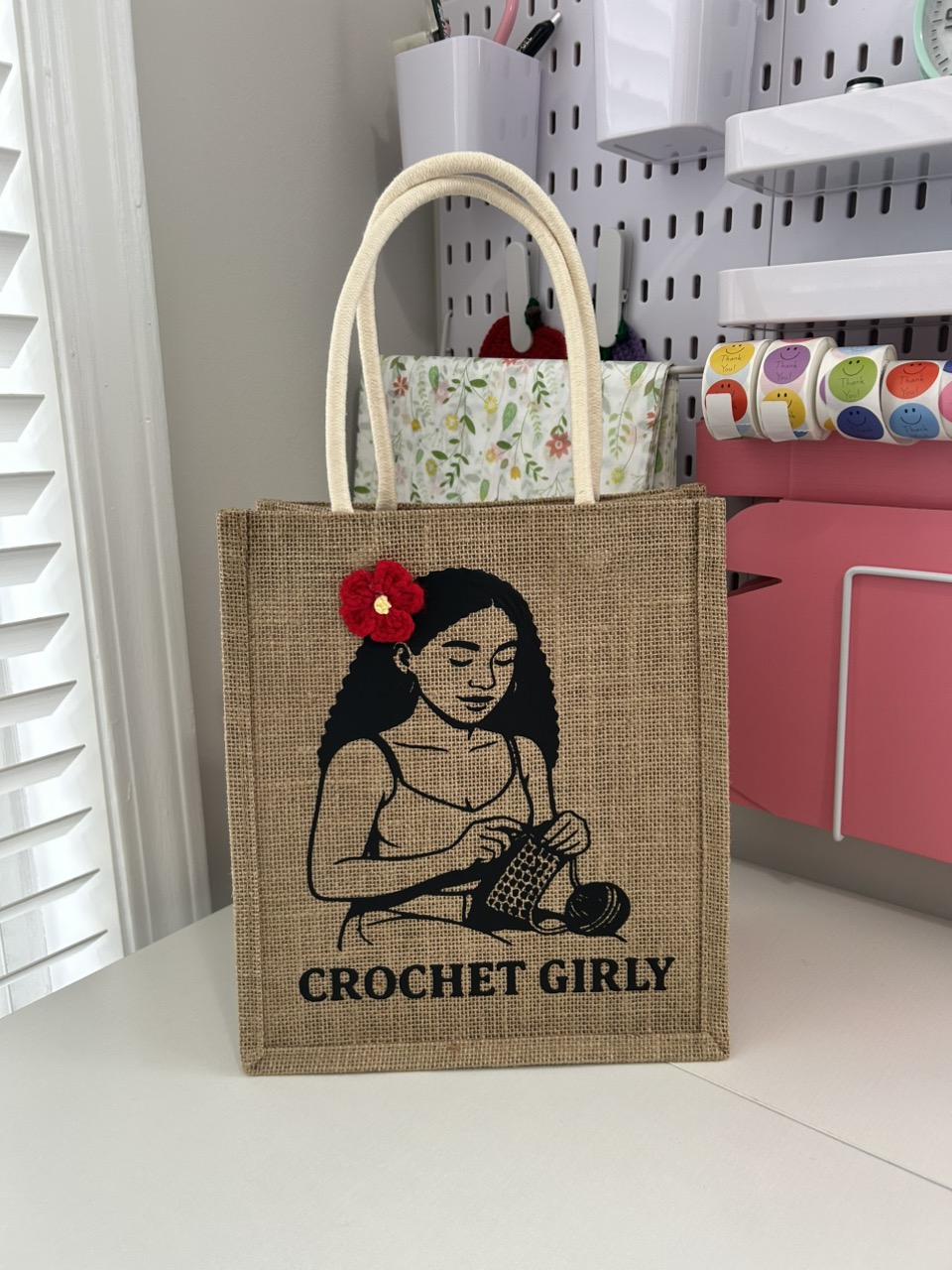 Crochet Girly Jute Tote Bag