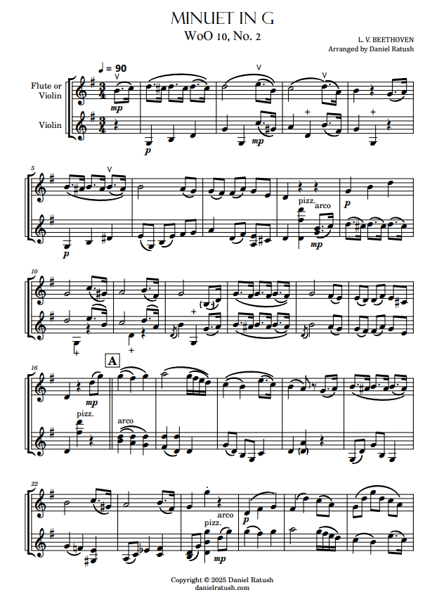 Beethoven - Minuet in G - for violin or flute and violin duet