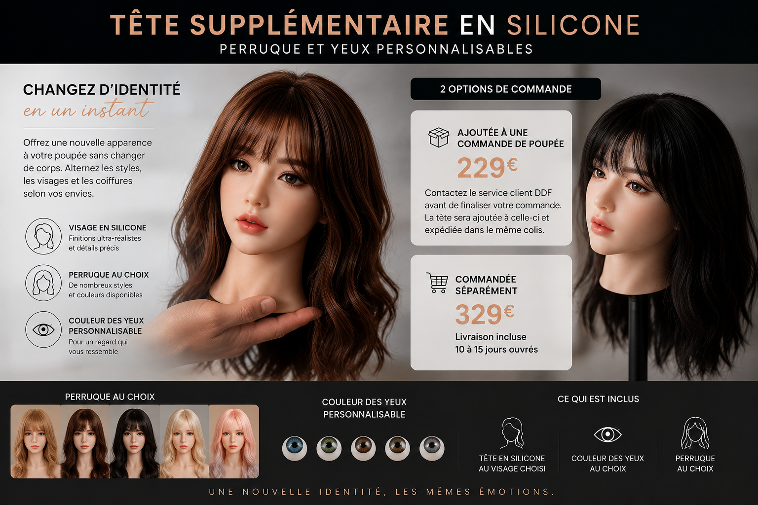 Tête supplémentaire poupée silicone avec perruque au choix