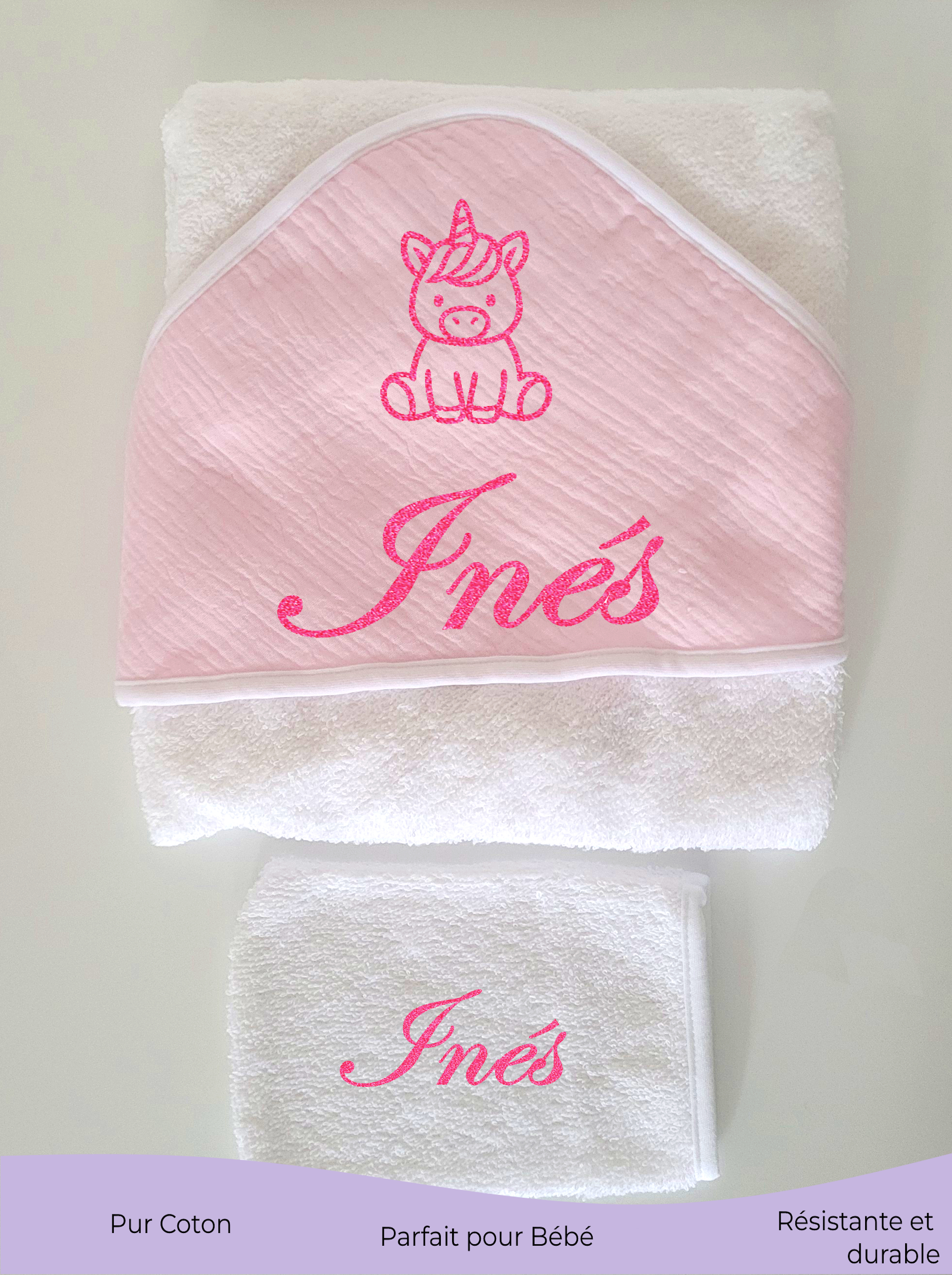 Serviette + gant  bébé ROSE