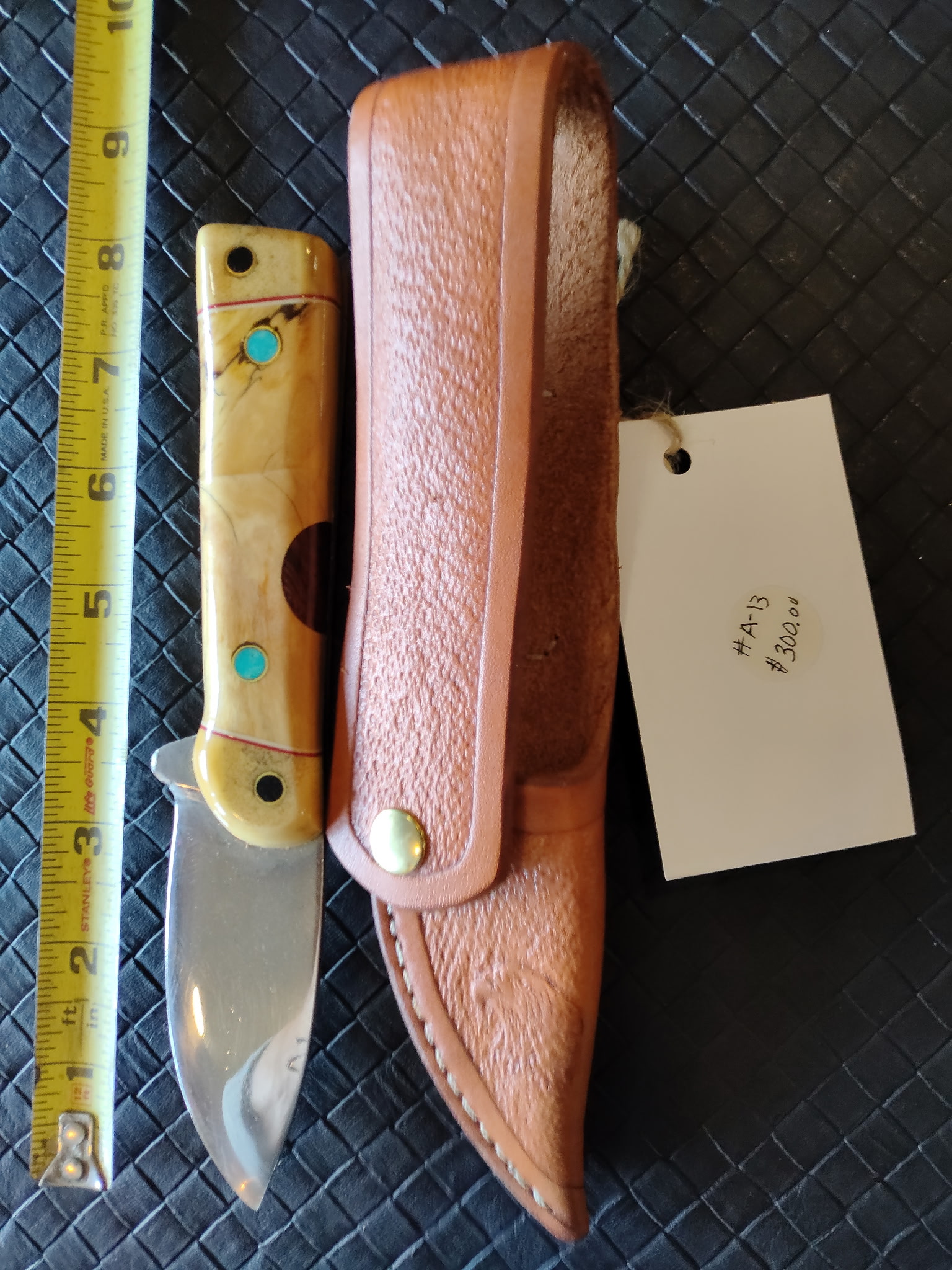 #A-13 Hunting Knife with Moose Horn, Spalted Maple, Ironwood Water Buffalo, Turquoise