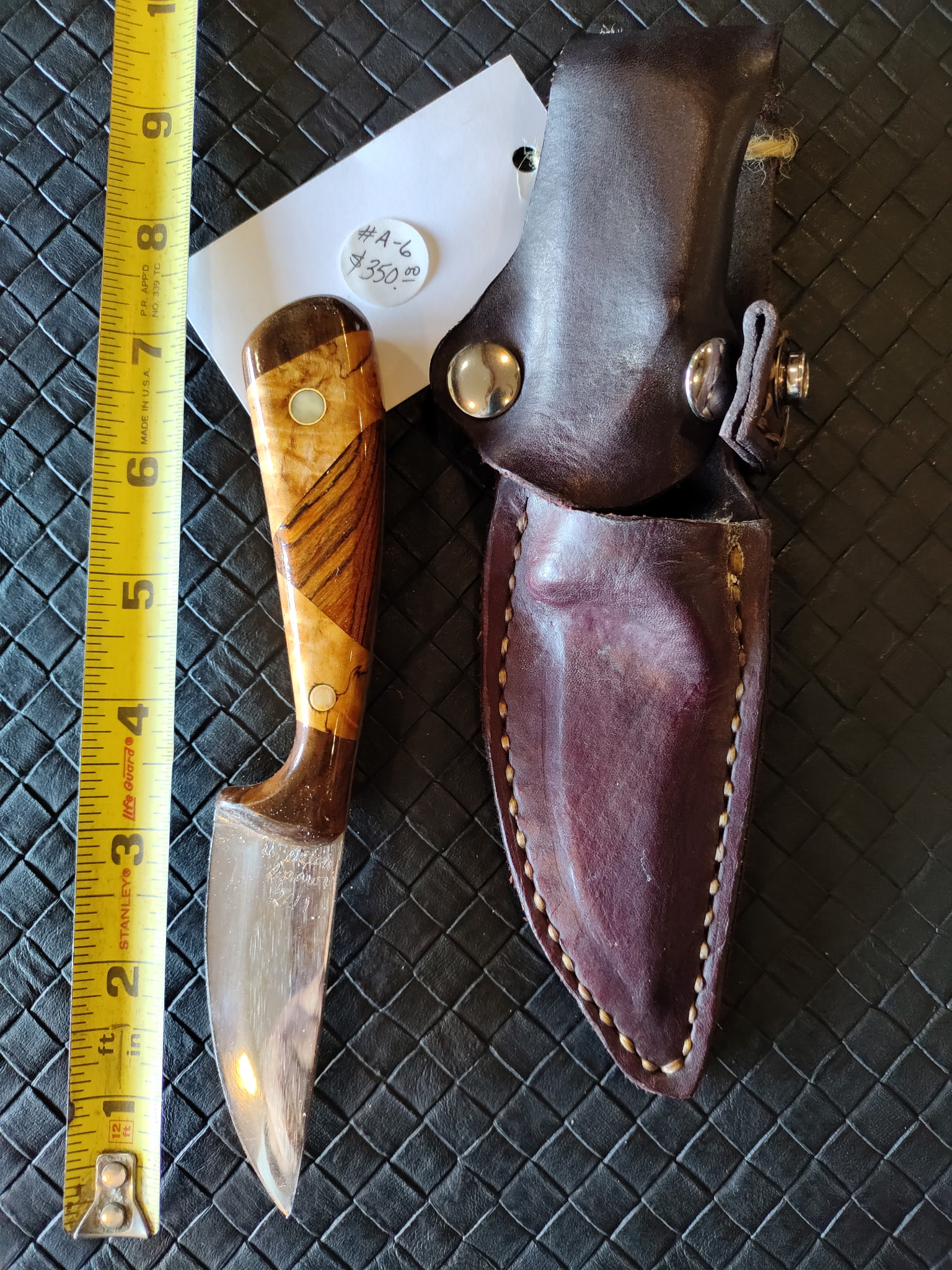  #A-6  Claro Walnut, Maple Burl, Becotti, Moose Horn Knife, Stainless Steel  