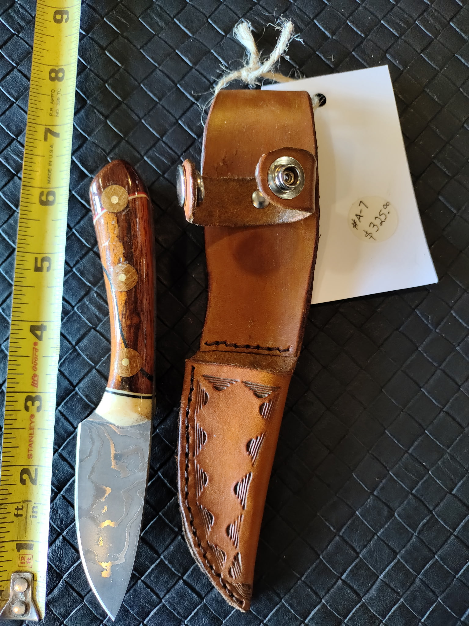  #A-7  Damascus with Ironwood, becotti, moose horn, oak and Brass PinsHunting Knife  