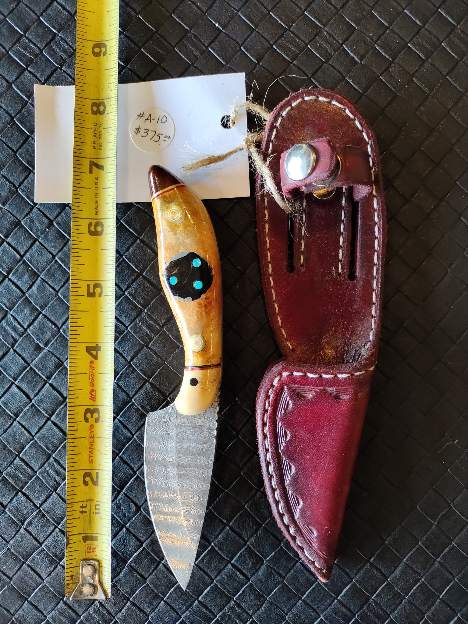 #A-10 Damascus Hunting Knife Ironwood, Maple Burl, Moose Horn, Water Buffalo and Turquoise Inlay