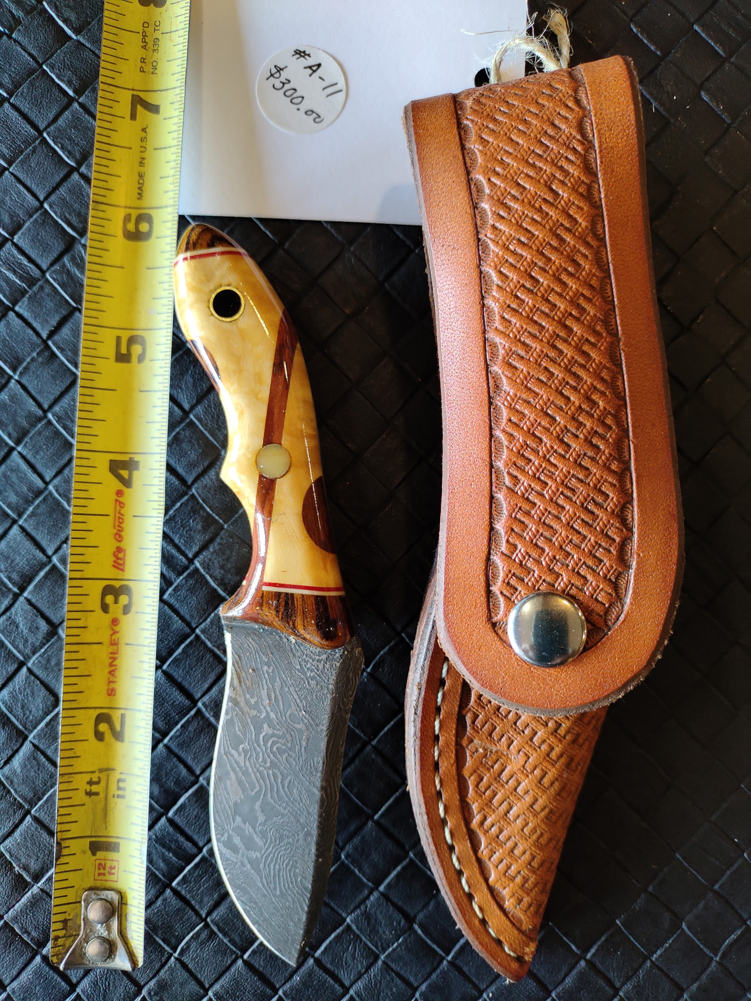 #A-11 Custom Damascus Blade Knife with Becotti, Maple Burl, Black Walnut, Moose Horn, Water Buffalo