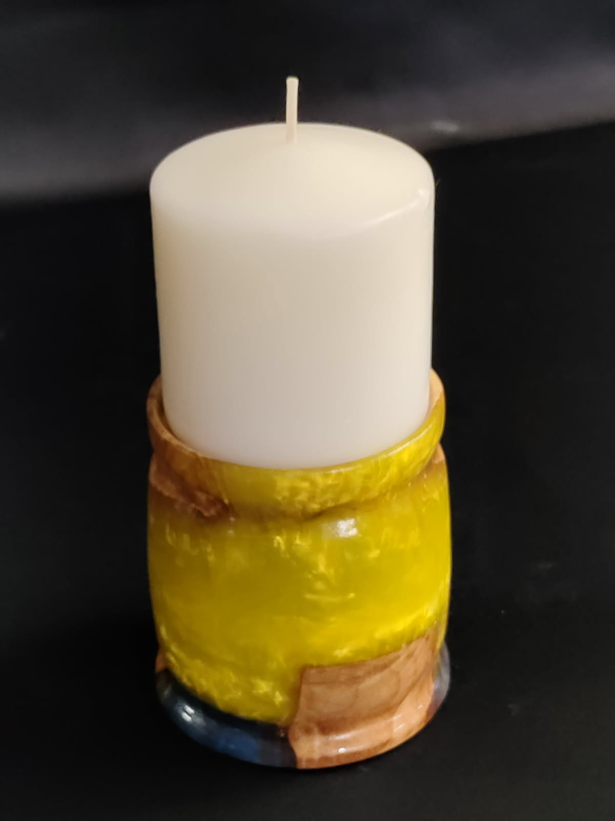 Wooden Artisan Pillar Candle Holder with Yellow and blue Epoxy