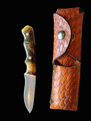 #A-31 Custom Damascus Buckeye Burl, Moose Horn, Copper Pins Knife