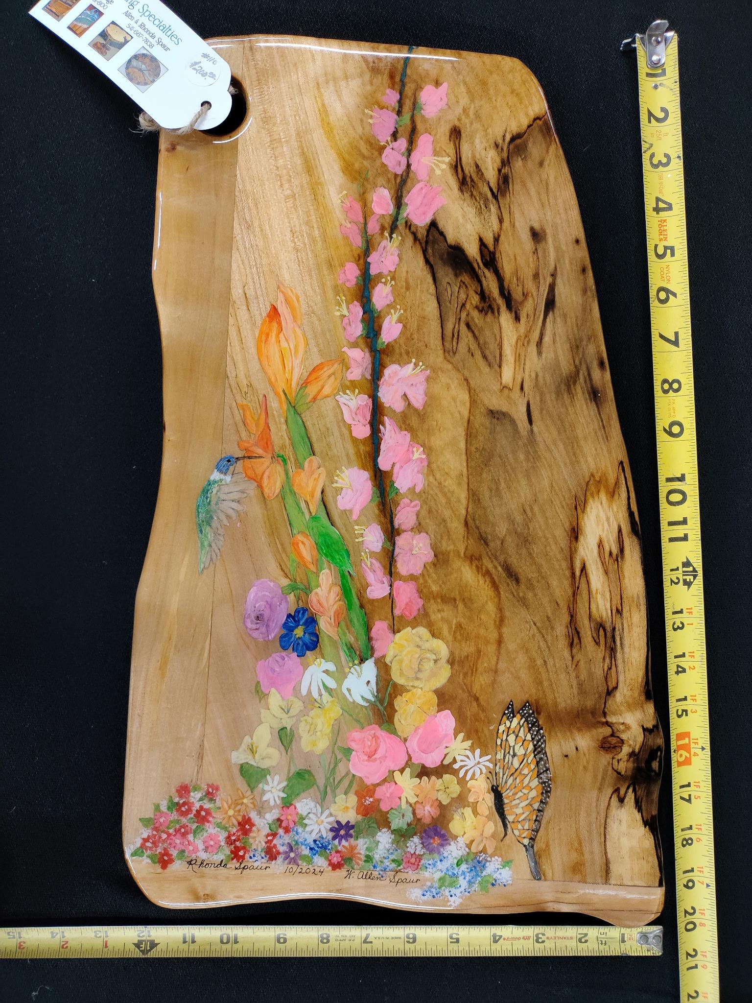 Hand-Painted Charcuterie/Serving Board with Flowers, Hummingbird and Butterfly