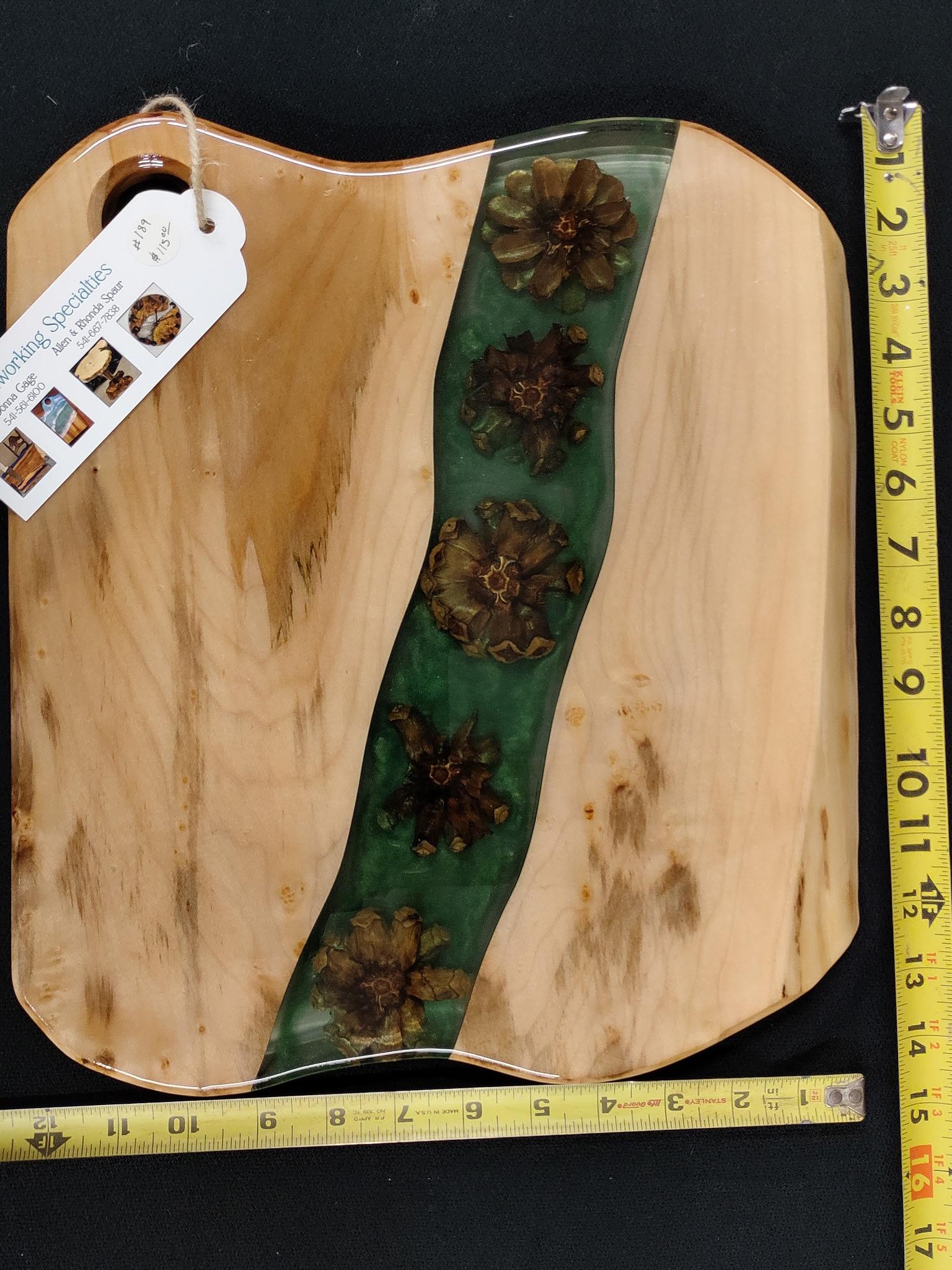 Handcrafted Wood Serving Board Pinecones Embedded In Green Resin 
