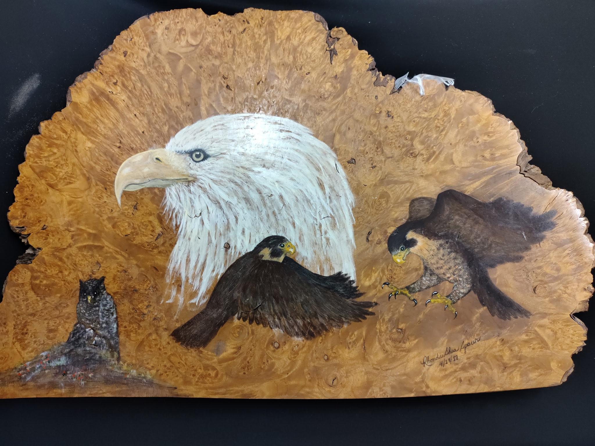 Hand-Painted Birds of Prey Art on Burl