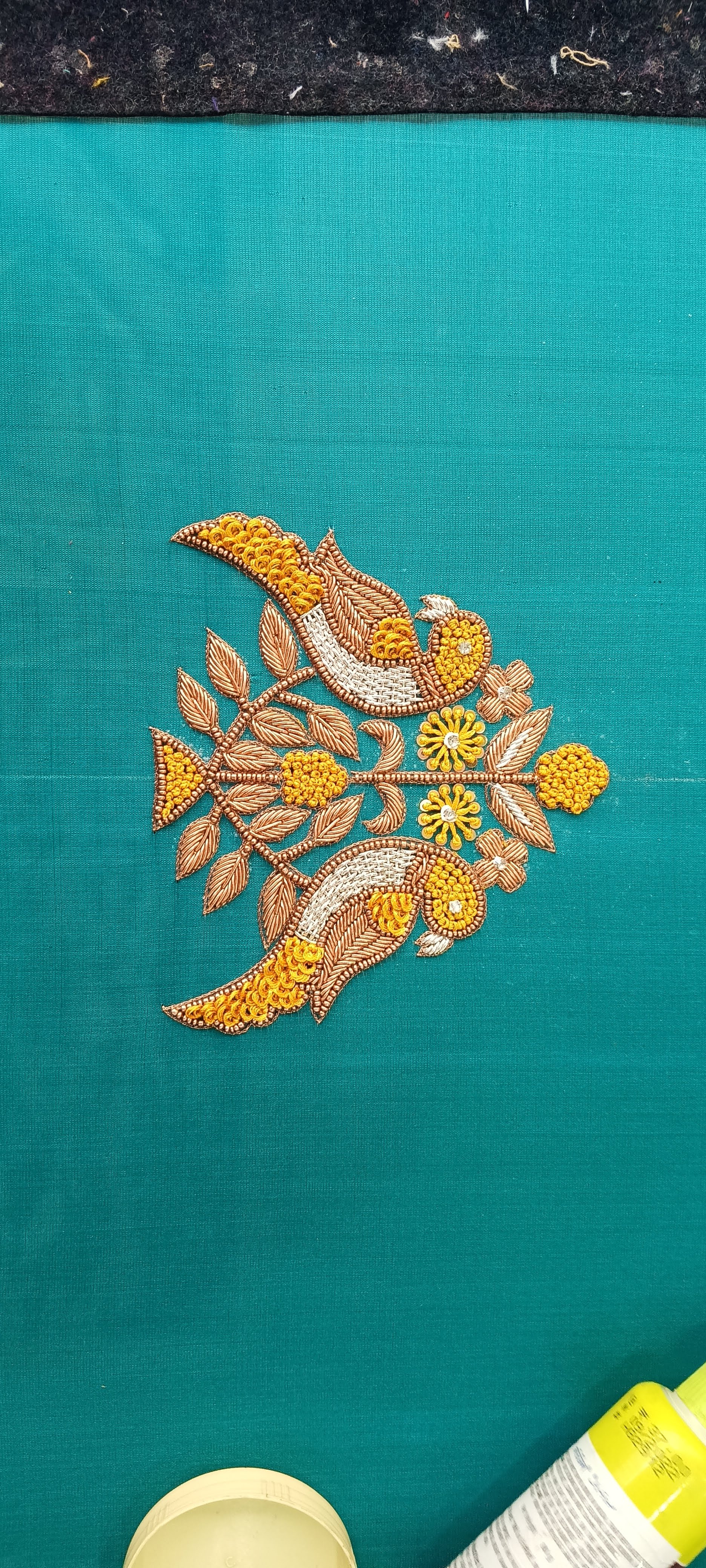 Turquoise Fabric with Embroidered Birds