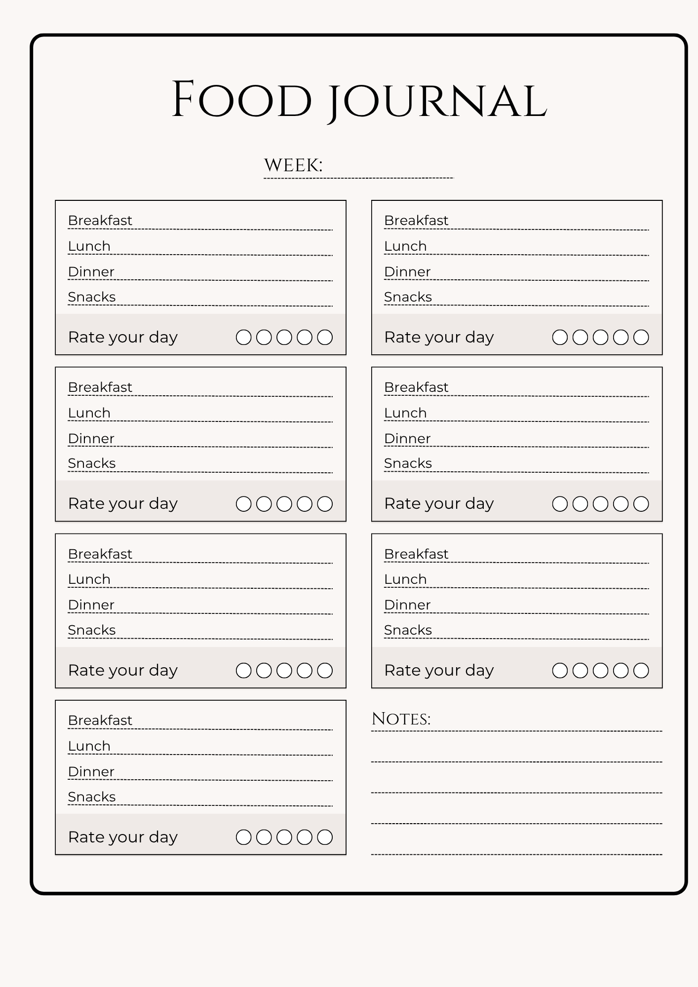 Weekly Food Journal Template