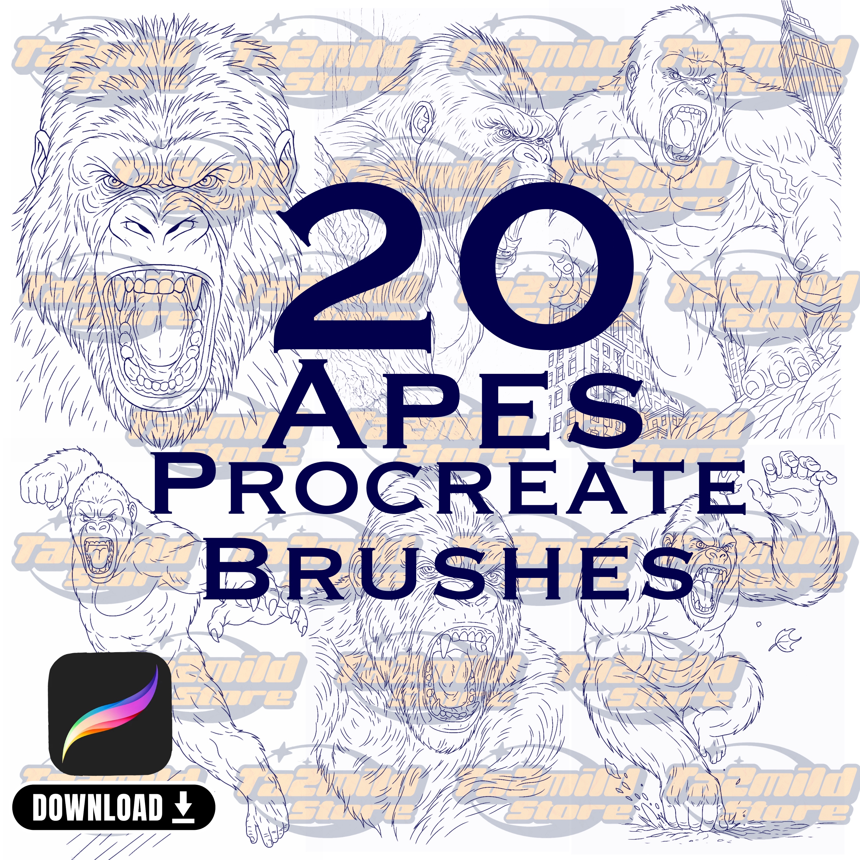 Ape Procreate Tattoo Stamps: Gorilla, Chimpanzee, Gibbon, Orangutan (Digital Download)