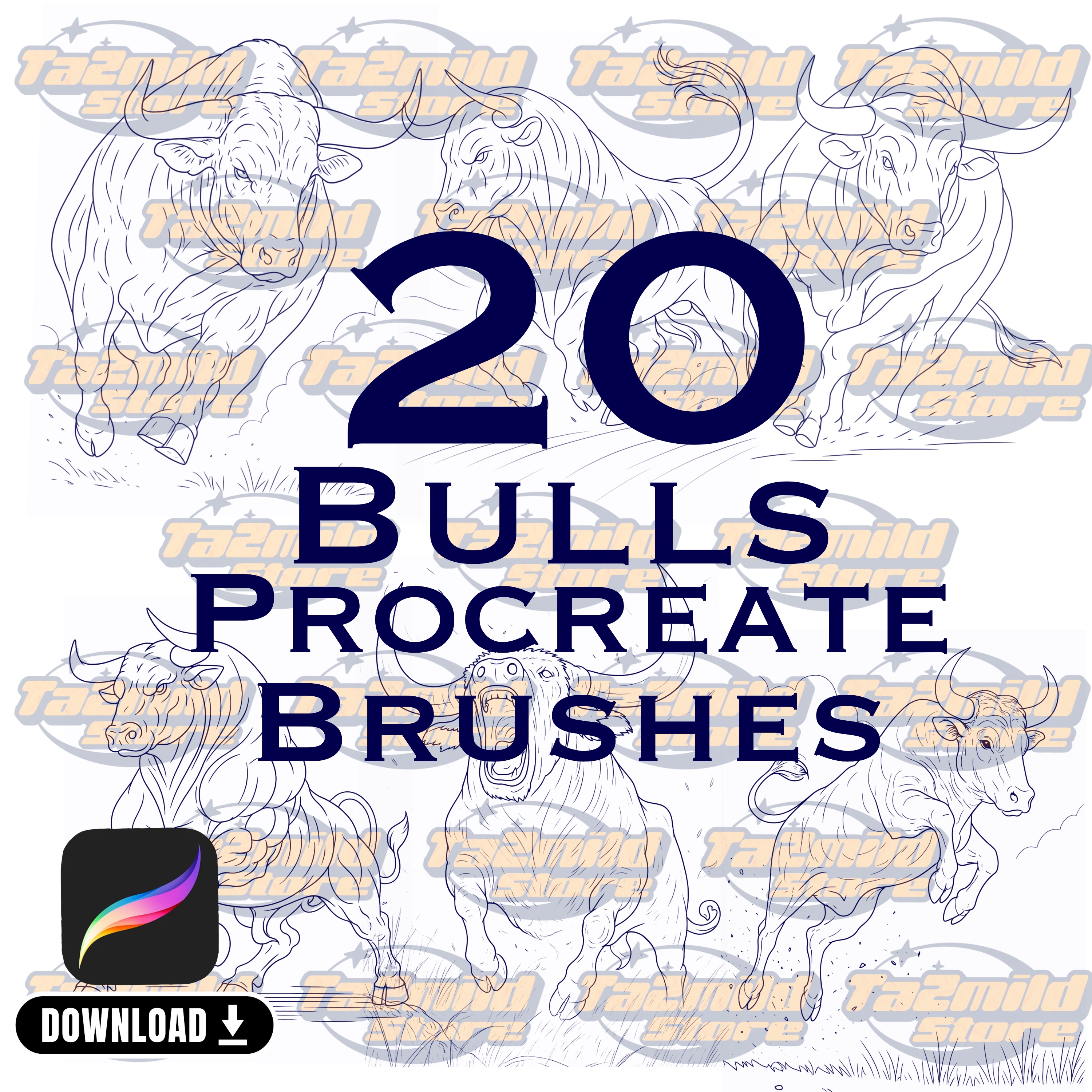 Bull & Ox Procreate Stamps: Tattoo Brush Set, Zodiac Taurus (Digital Download
