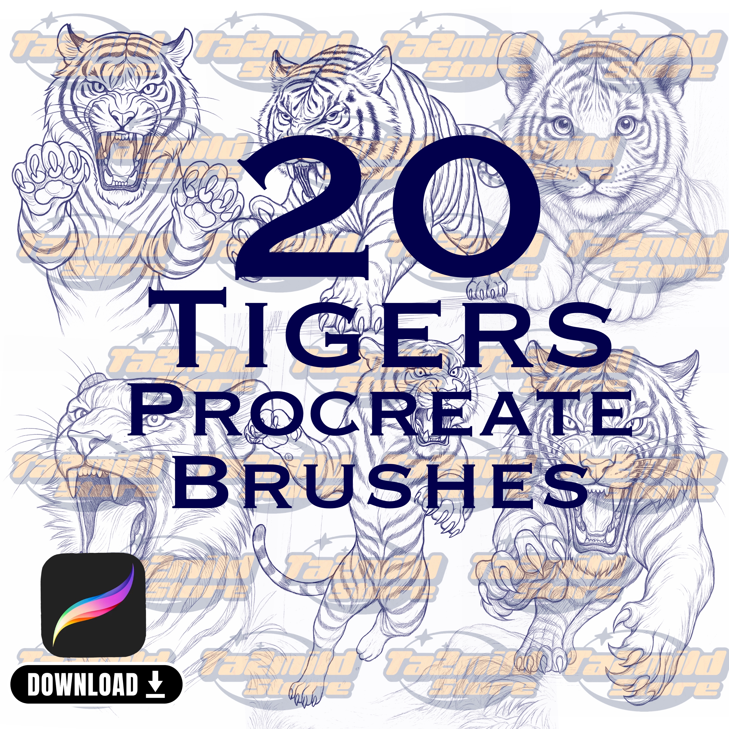Tiger Tattoo Procreate Stamps | Flash Design Brush Set (Digital Download)