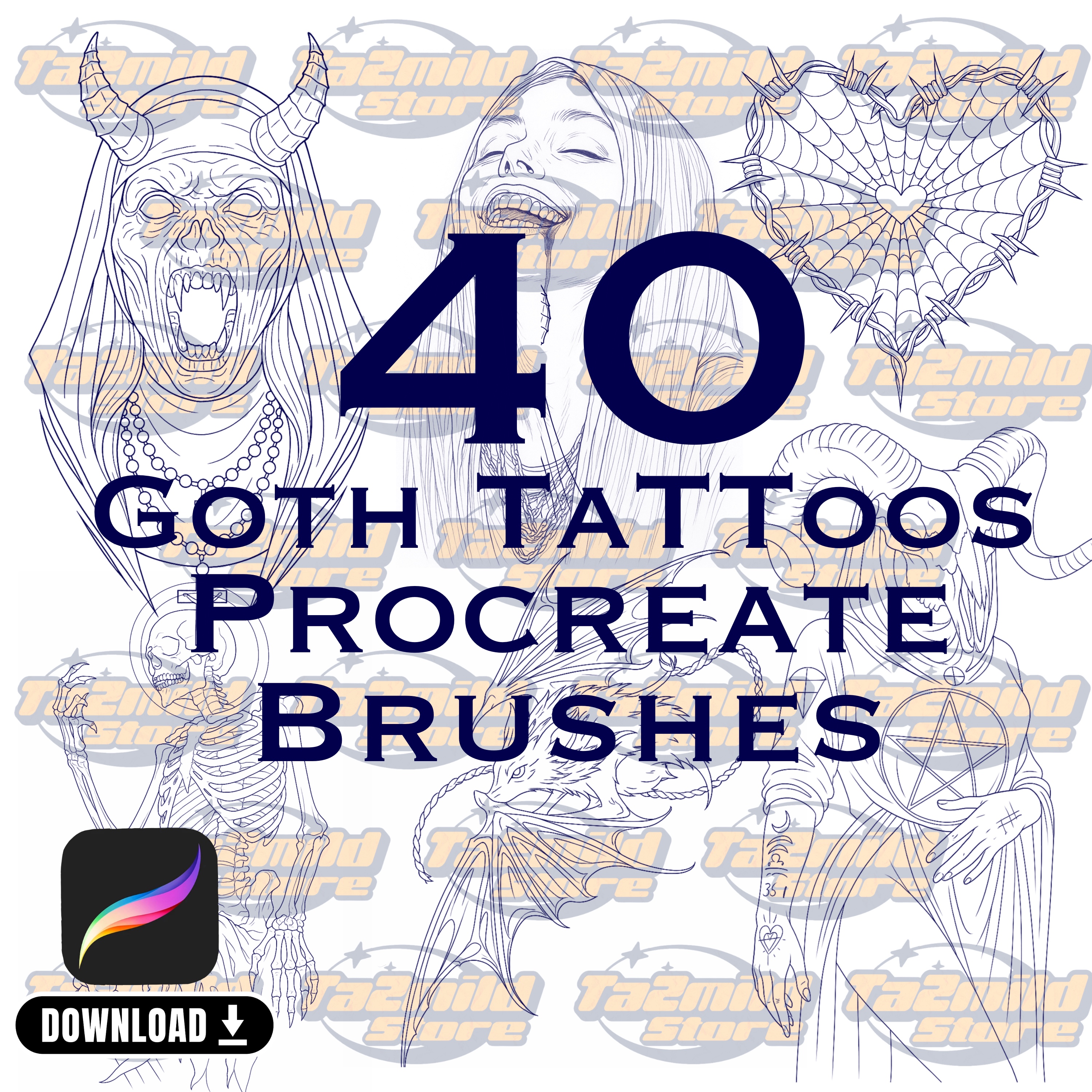 Gothic Horror Procreate Brushes: Tattoo Stamp Set (Digital Download)