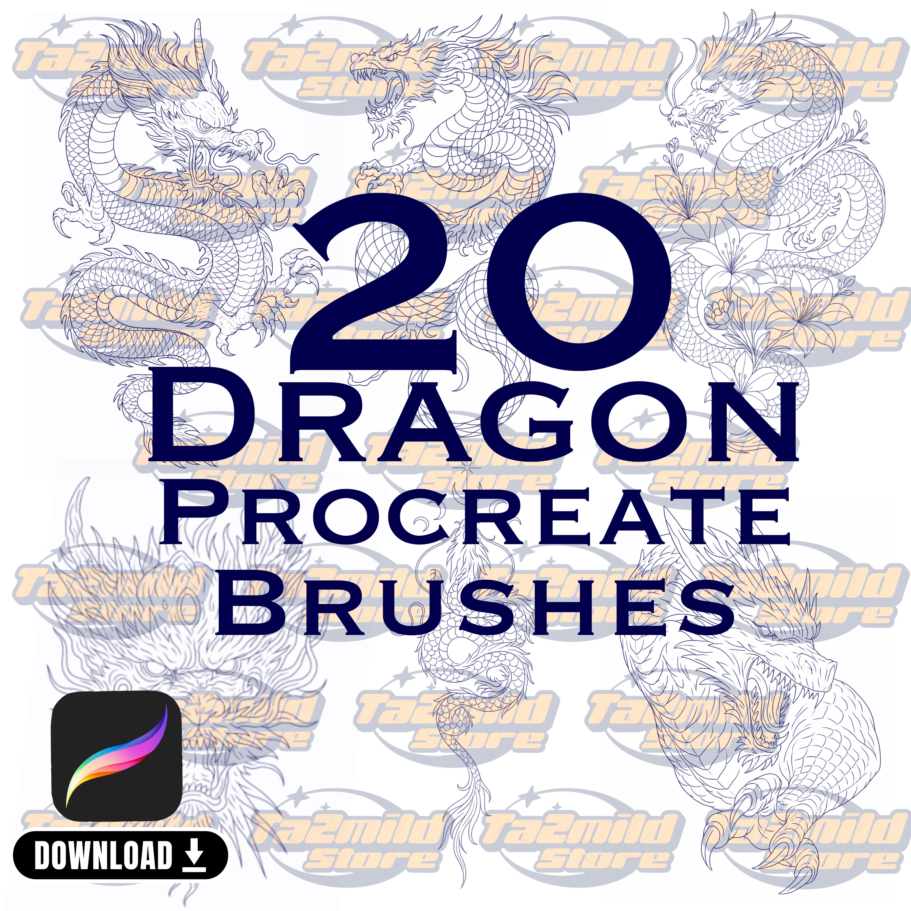 Dragon Procreate Brushes: Tattoo Stamps, Asian & Fantasy Art (Digital Download)