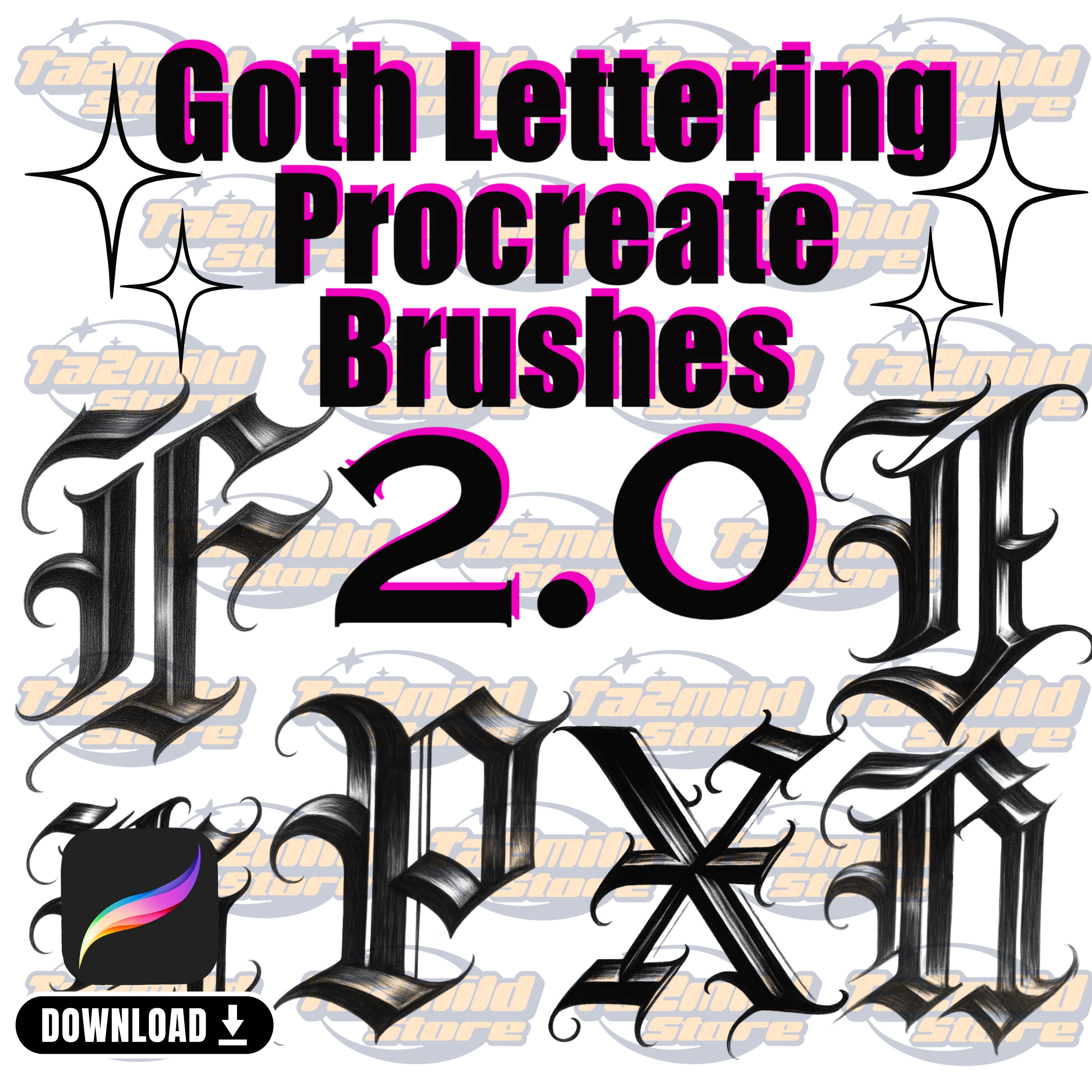 Gothic Tattoo Lettering 2.0 Brushes: Procreate Alphabet Stamp Set (Digital Download)