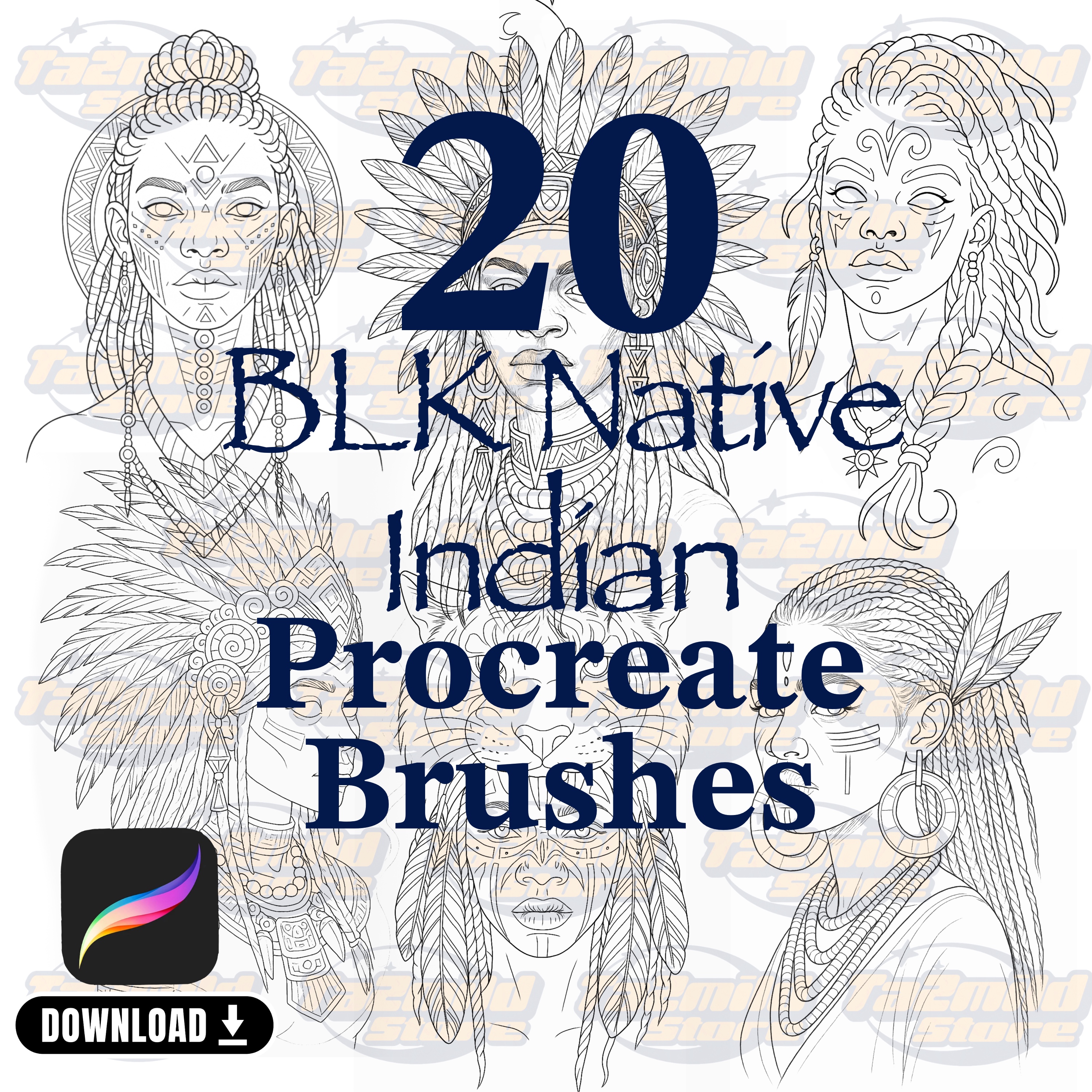 20 Native American Black Woman Procreate Stamp Brushes: Tribal Female (Digital Download)