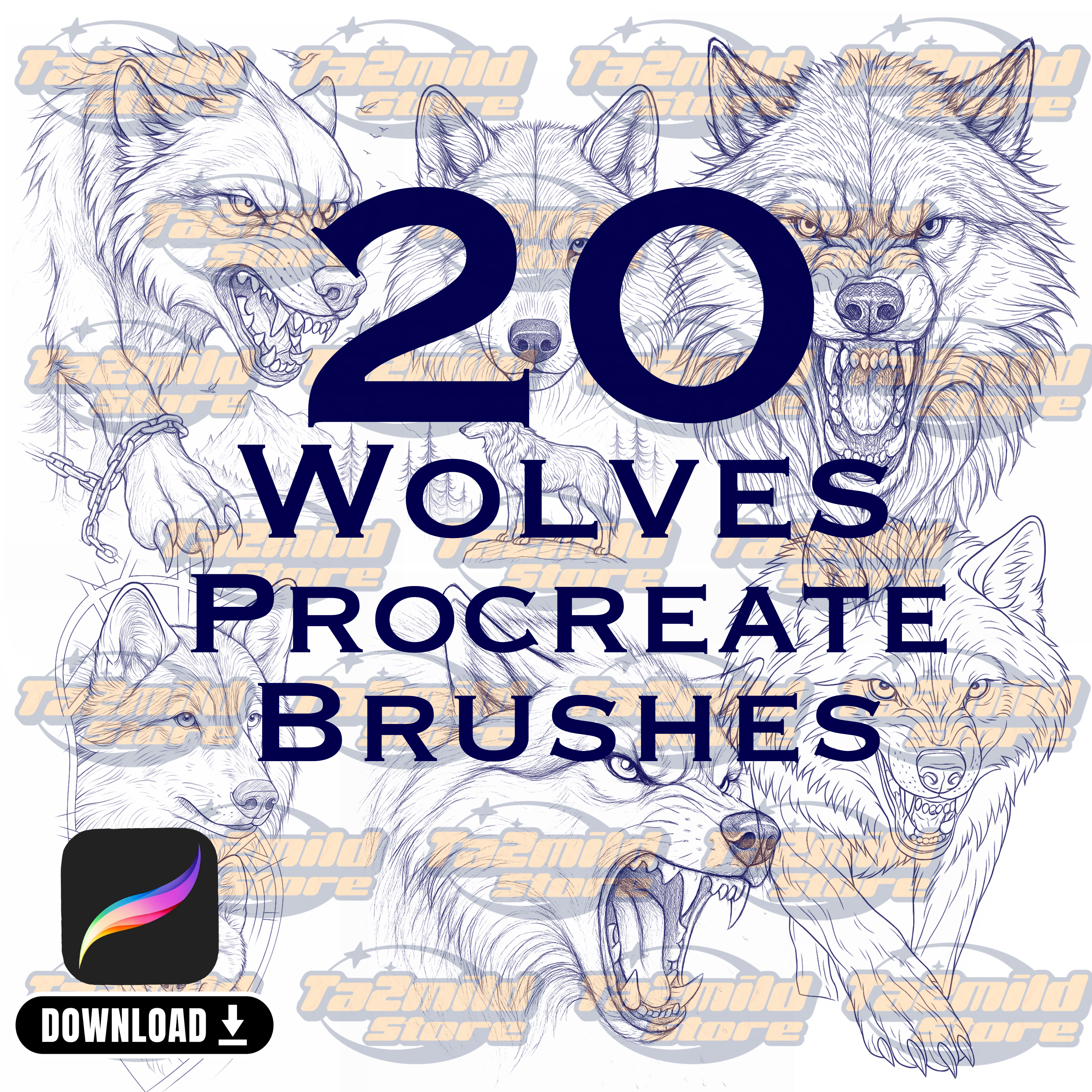 20 Wolves Tattoo Designs: Black & Grey Realism, Procreate Brushes (Digital Download)