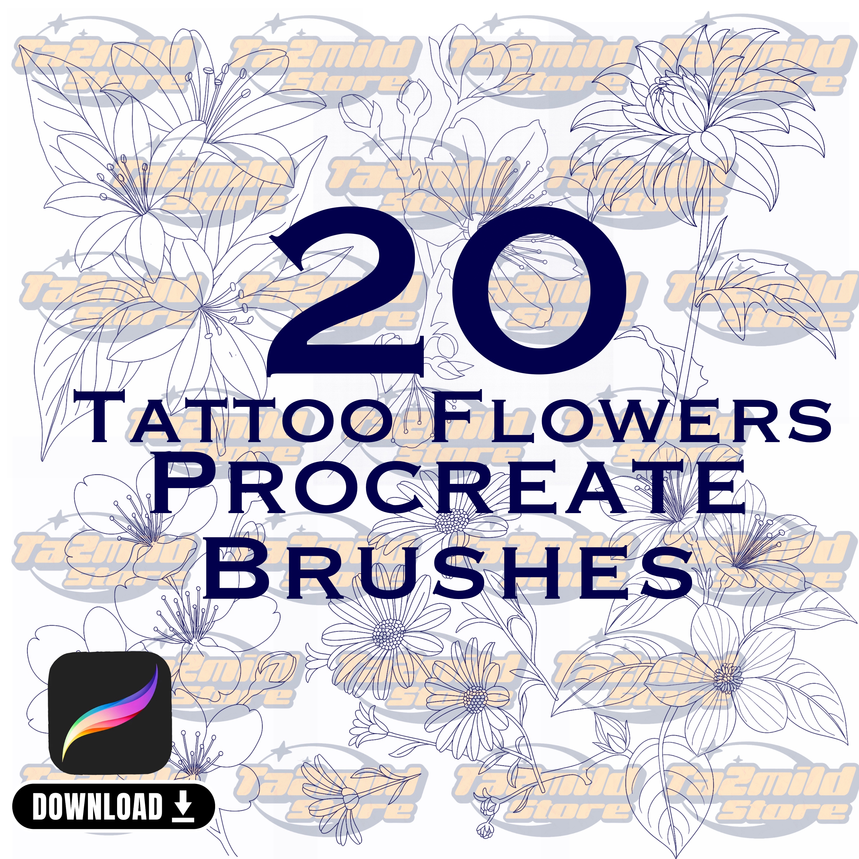 Flower Tattoo Procreate Brushes: Botanical Stamp Brush Set (Instant Download)