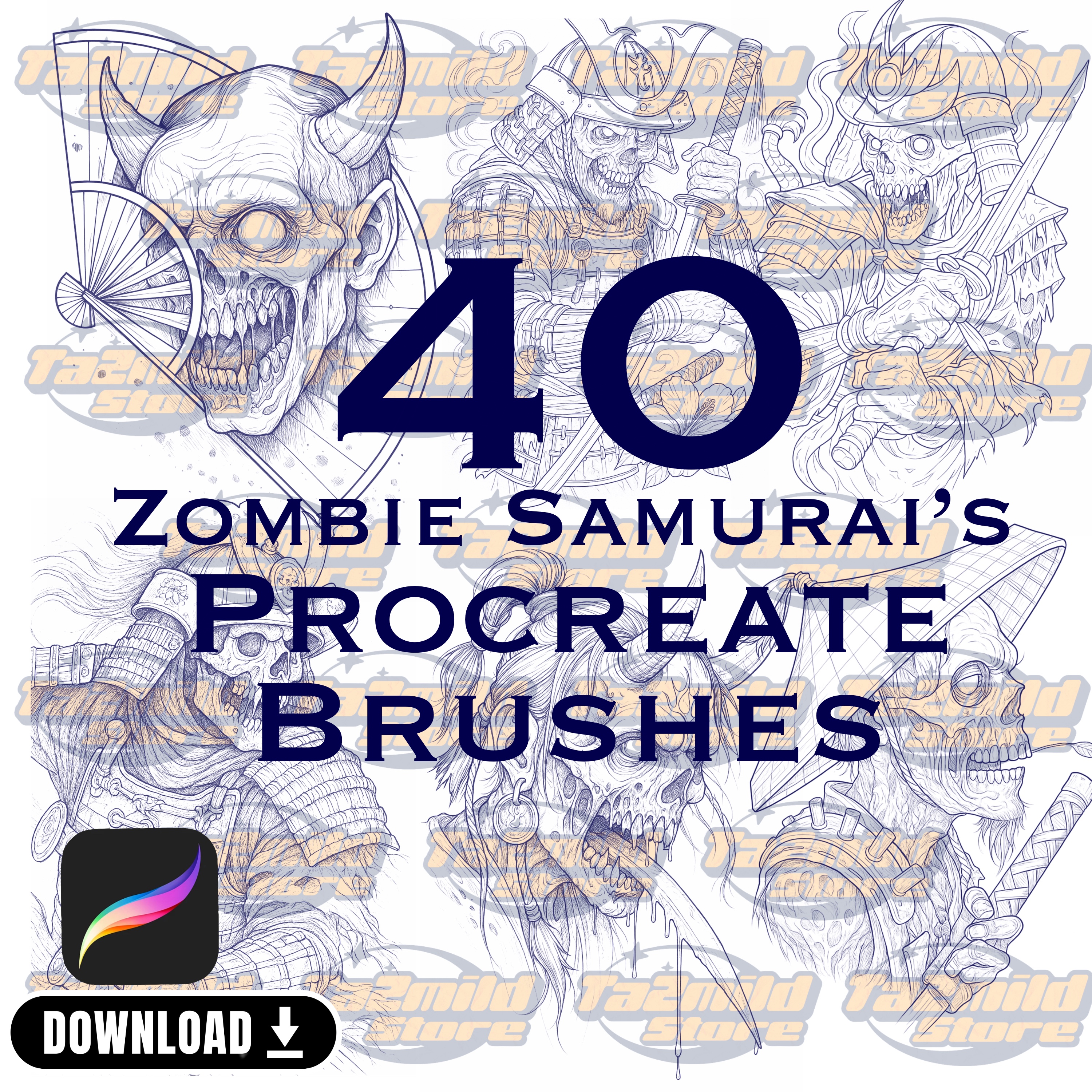 Samurai Zombie Procreate Stamps: Horror Tattoo Brushes (Digital Download)