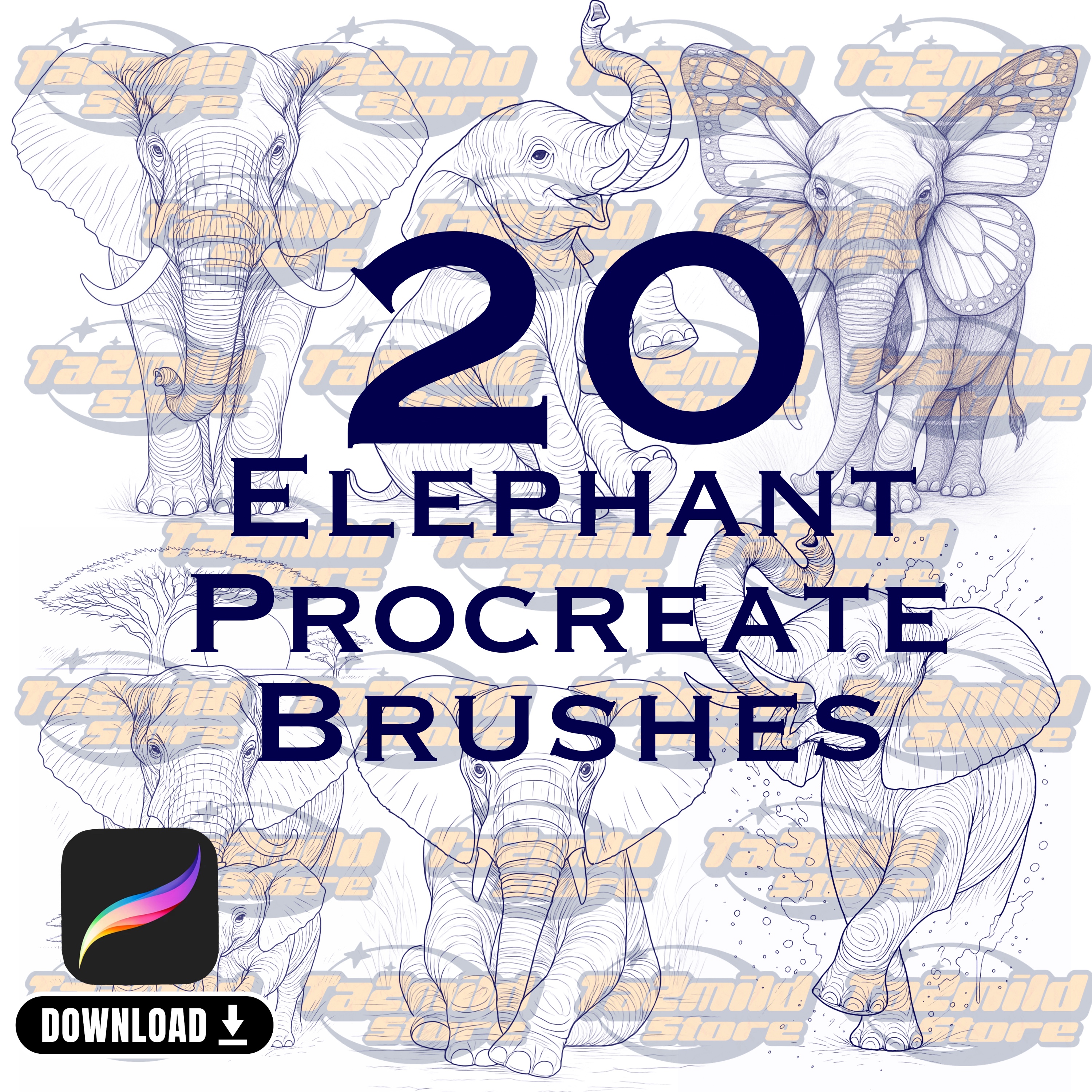 Elephant Procreate Stamp Brush Set: Wildlife Tattoo Art (Digital Download)