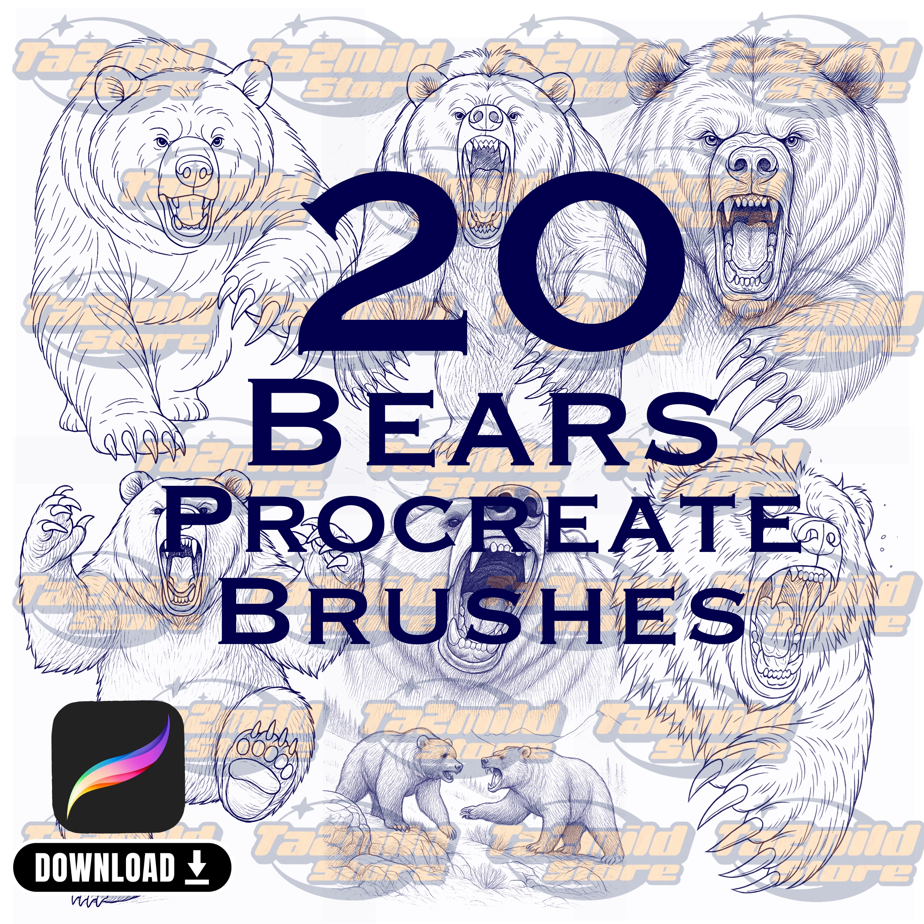 Bear Procreate Stamp Brush Set: Wildlife Tattoo Art (Digital Download)