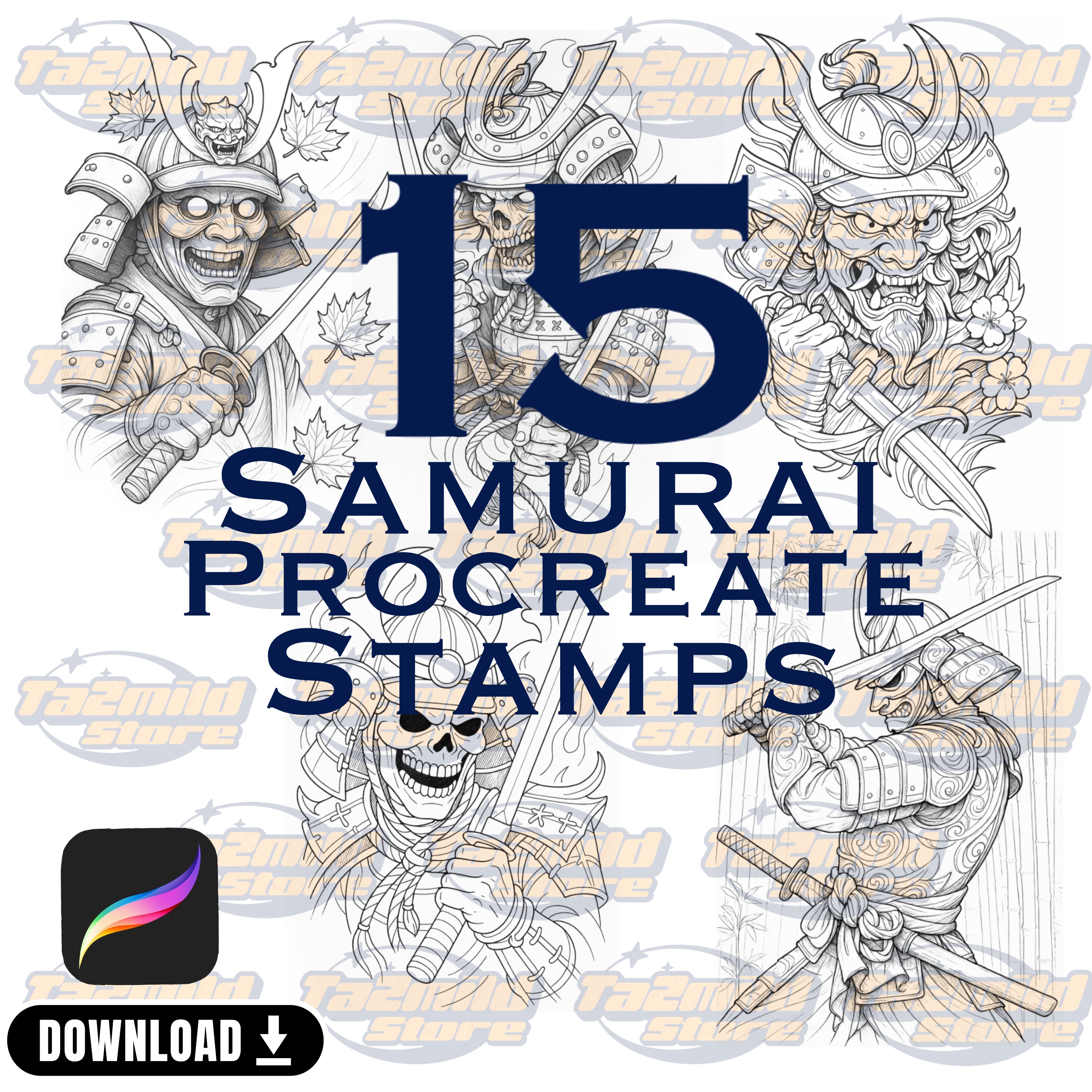 Samurai Tattoo Procreate Brush Set: 15 Japanese Art Ink Stamps (Digital Download)