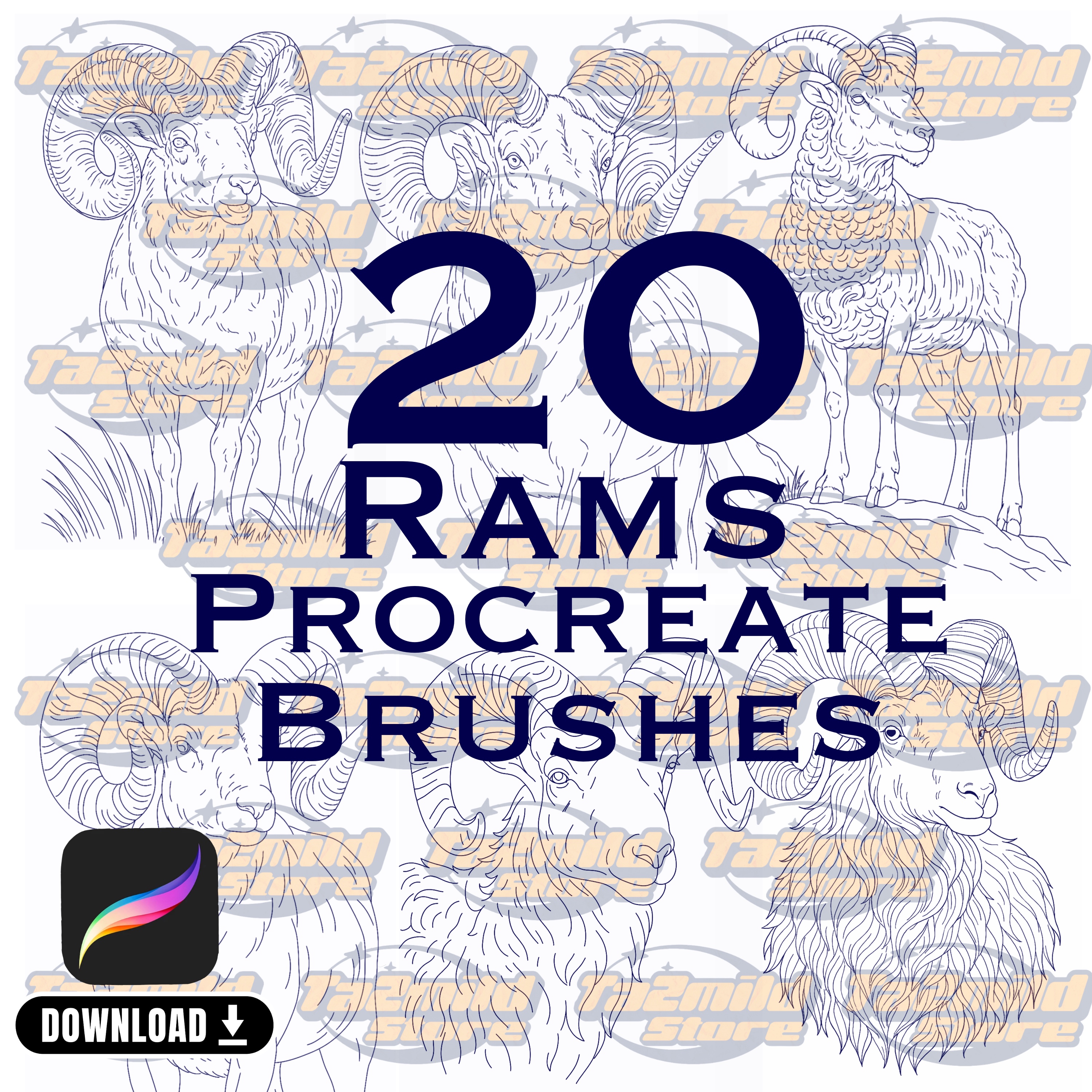 Ram Procreate Stamp Brush Set: Aries Tattoo Flash (Digital Download)