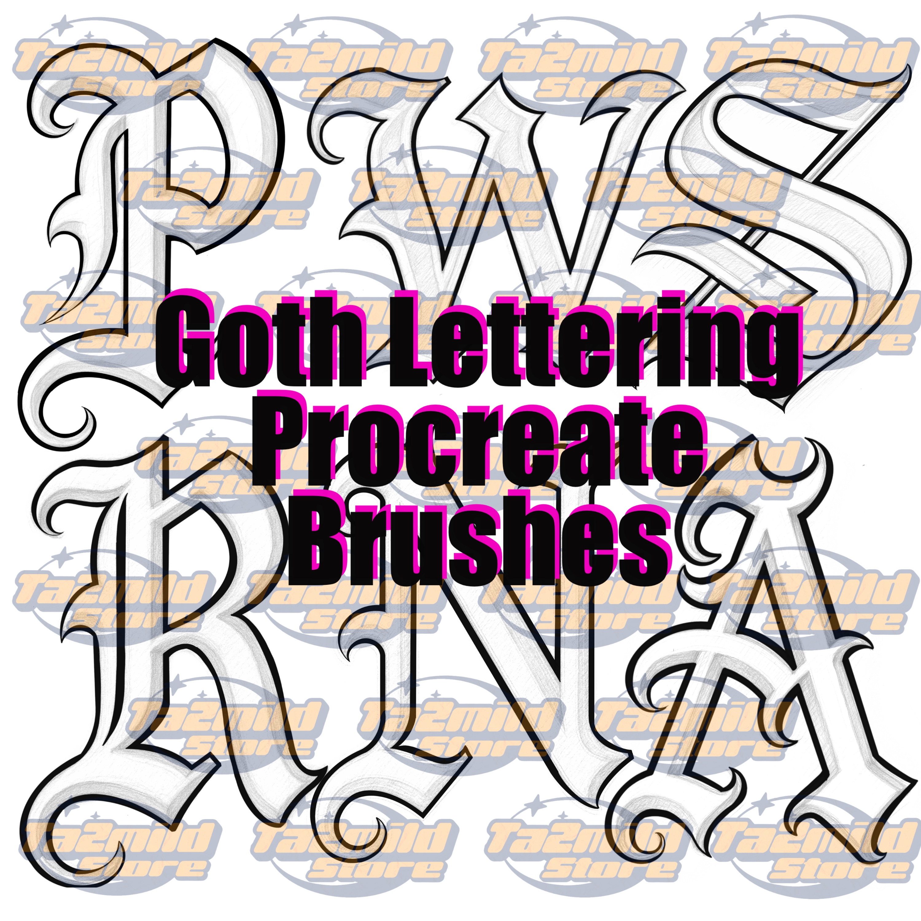 Gothic Tattoo Lettering Procreate Brushes: A-Z Outline Stamps (Digital Download)