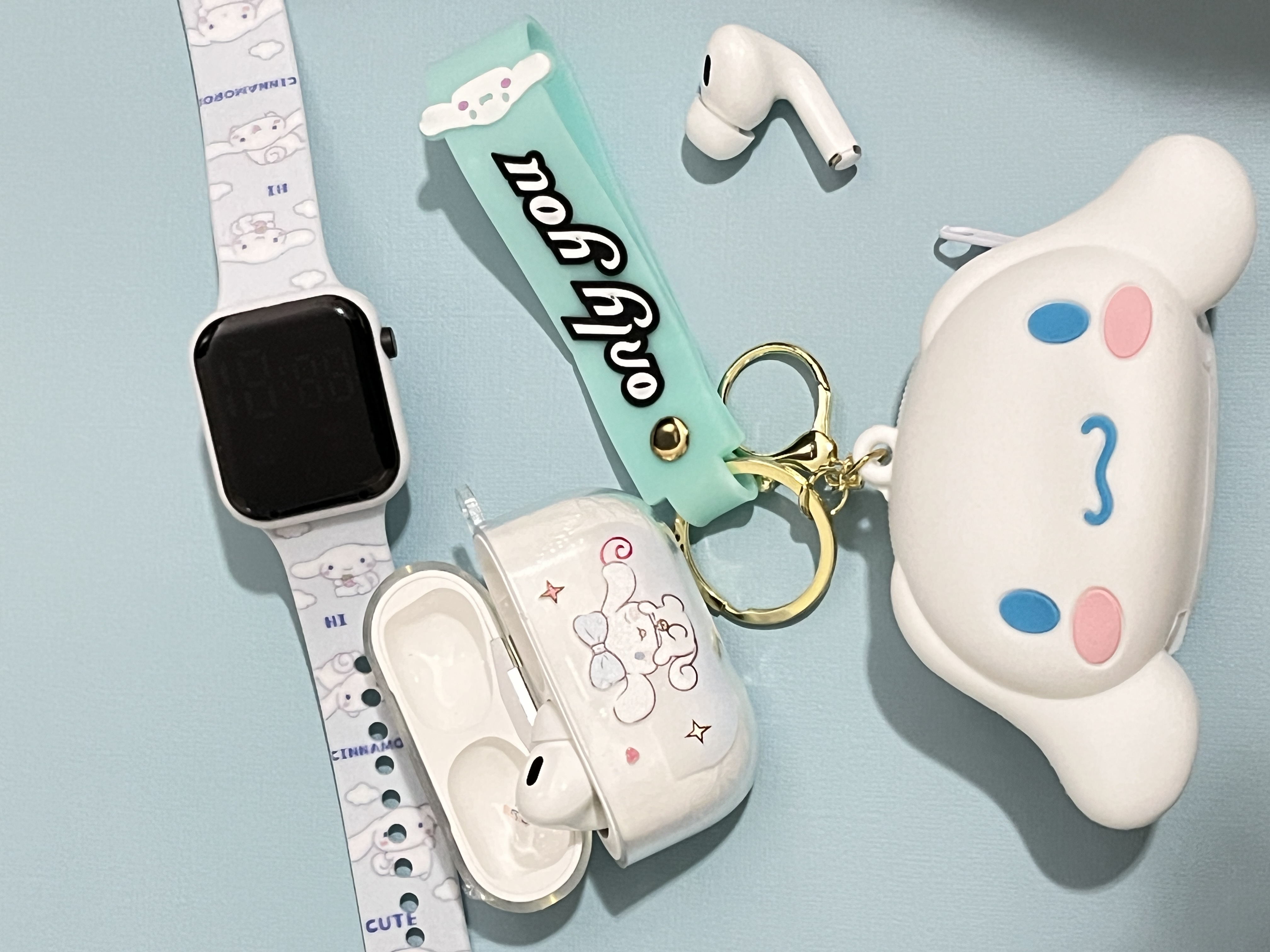3pc Set Kawaii Kitty , Cinnamo.roll, Kurom.i, Silicone Pouch, Smart Watch TWS Wireless Bluetooth Earbuds (Smart watch + Bluetooth Headphones + Pouch) 