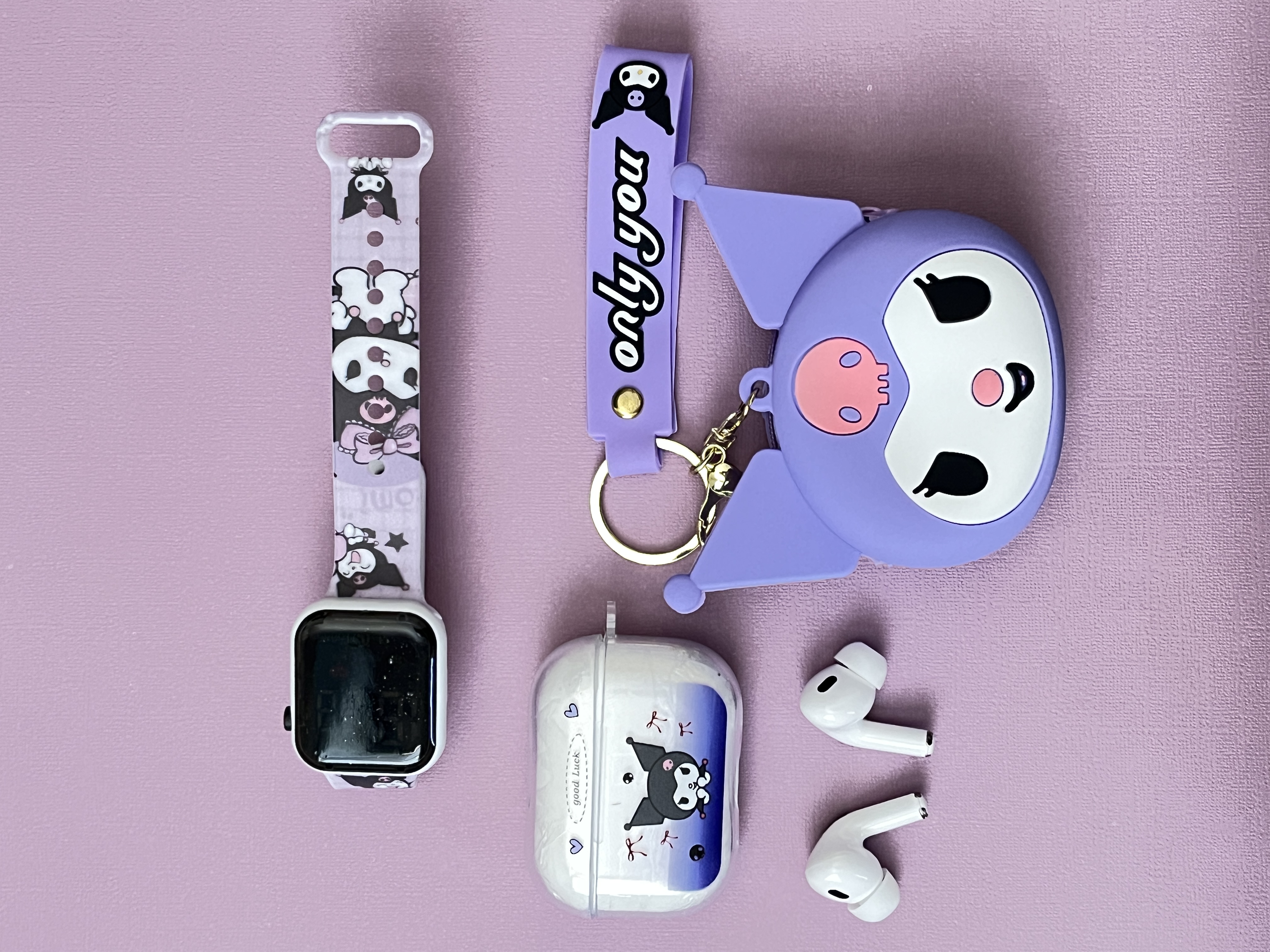 3pc Set Kawaii Kitty , Cinnamo.roll, Kurom.i, Silicone Pouch, Smart Watch TWS Wireless Bluetooth Earbuds (Smart watch + Bluetooth Headphones + Pouch) 