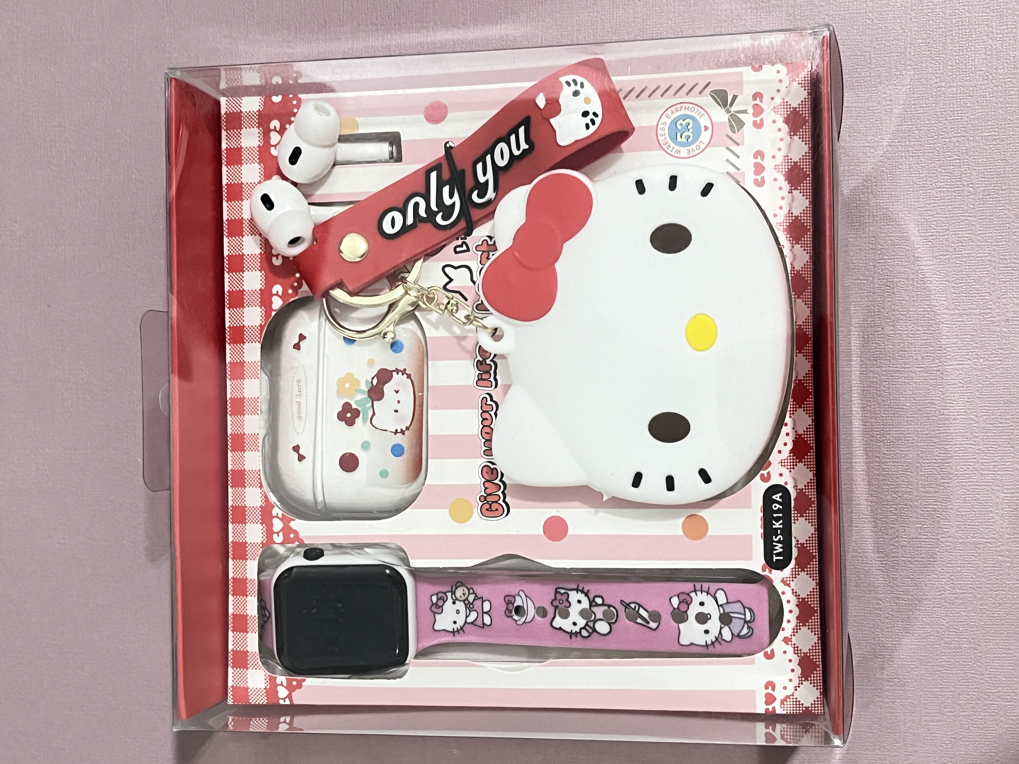 3pc Set Kawaii Kitty , Cinnamo.roll, Kurom.i, Silicone Pouch, Smart Watch TWS Wireless Bluetooth Earbuds (Smart watch + Bluetooth Headphones + Pouch) 