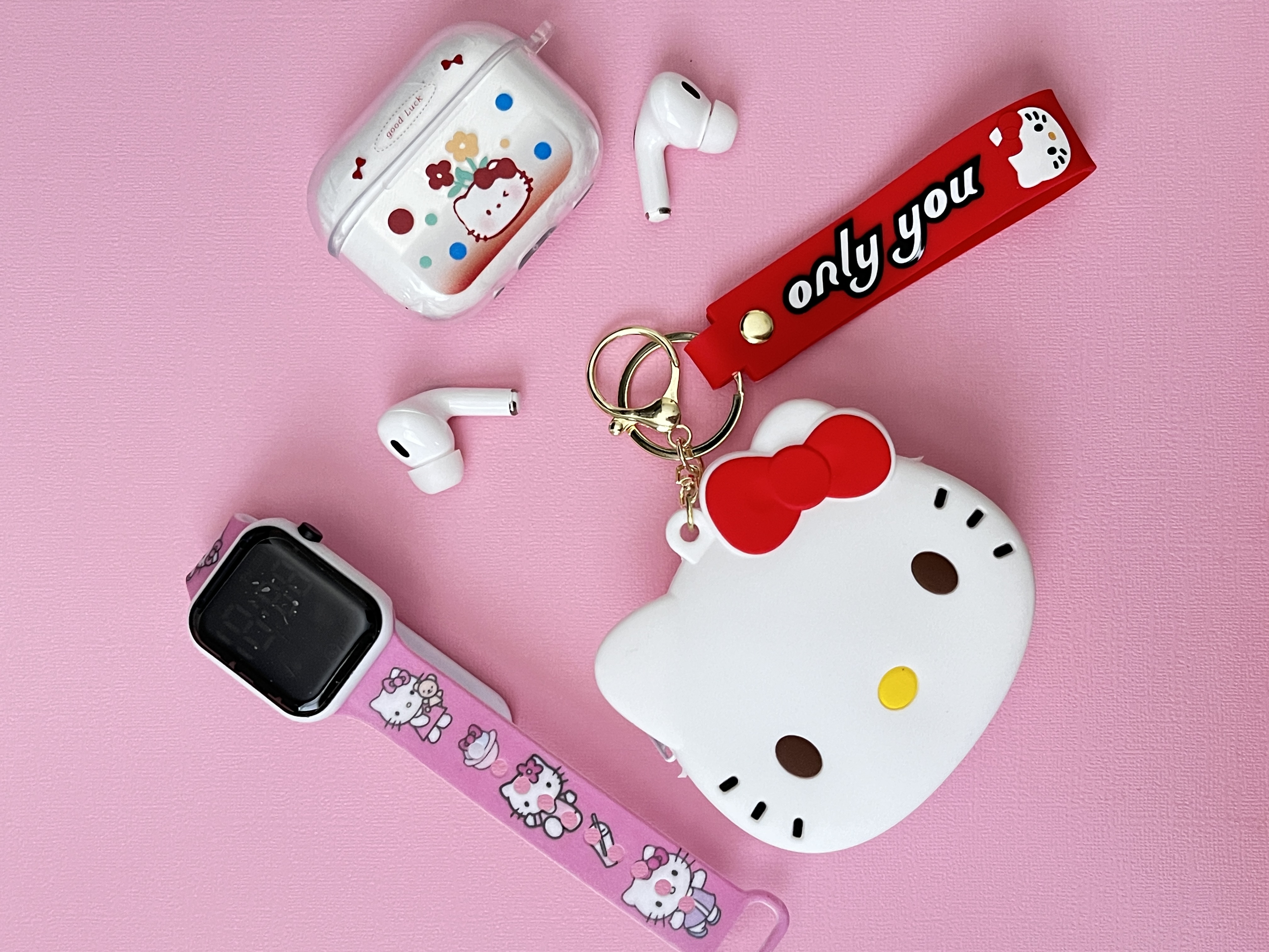 3pc Set Kawaii Kitty , Cinnamo.roll, Kurom.i, Silicone Pouch, Smart Watch TWS Wireless Bluetooth Earbuds (Smart watch + Bluetooth Headphones + Pouch)